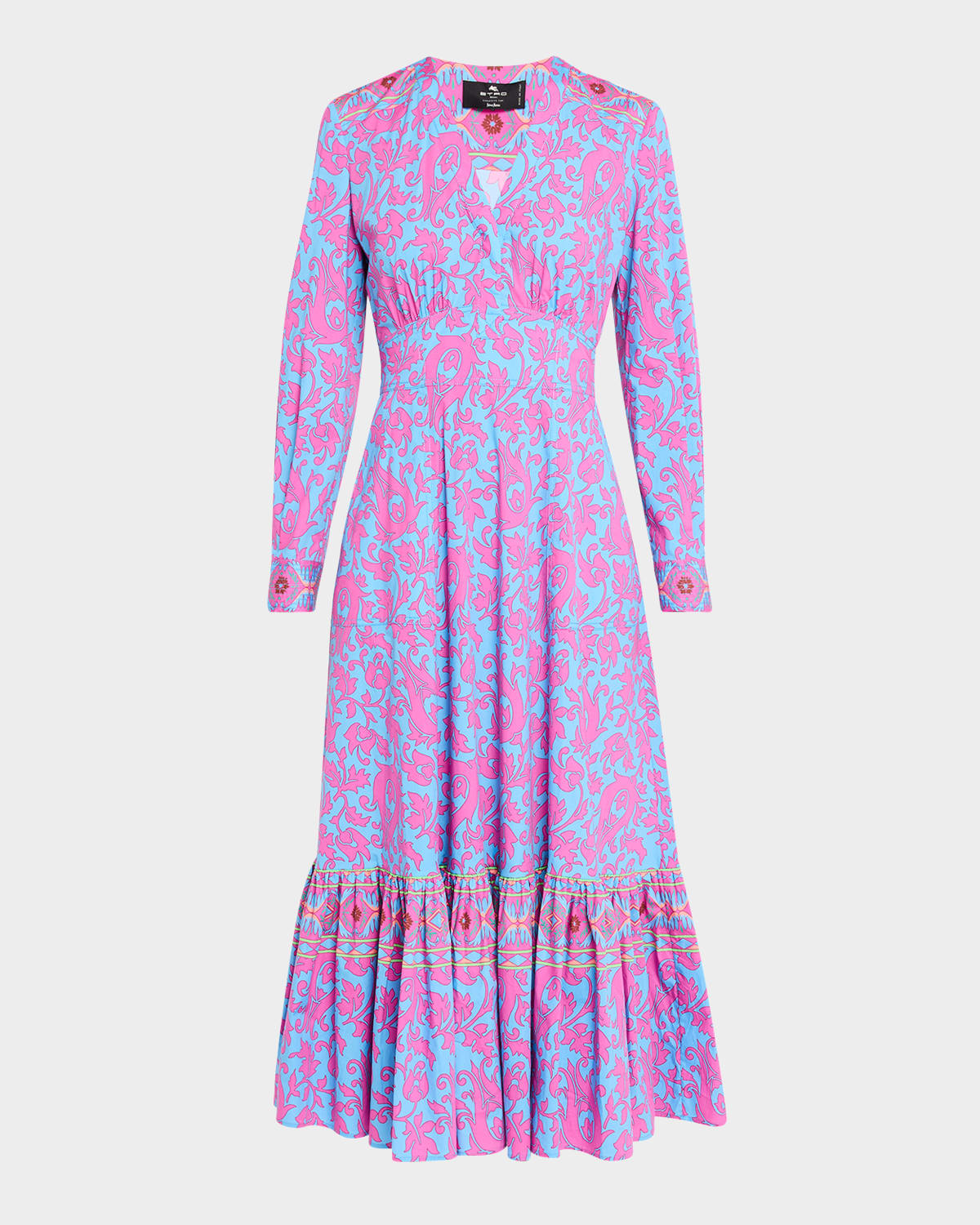 Etro Trellis-print Long-sleeve Flounce Cotton Midi Dress In Lt Blue Print