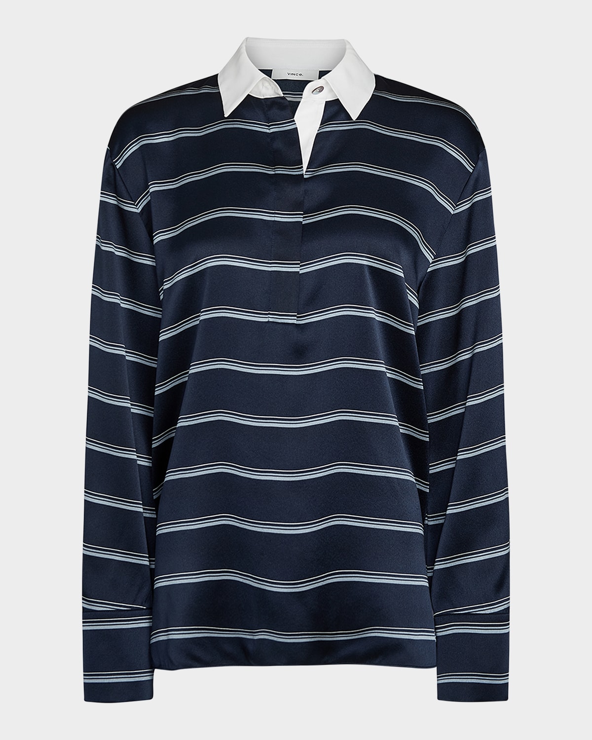 Vince Long-sleeve Stripe Silk Rugby Shirt In Coastal/slate