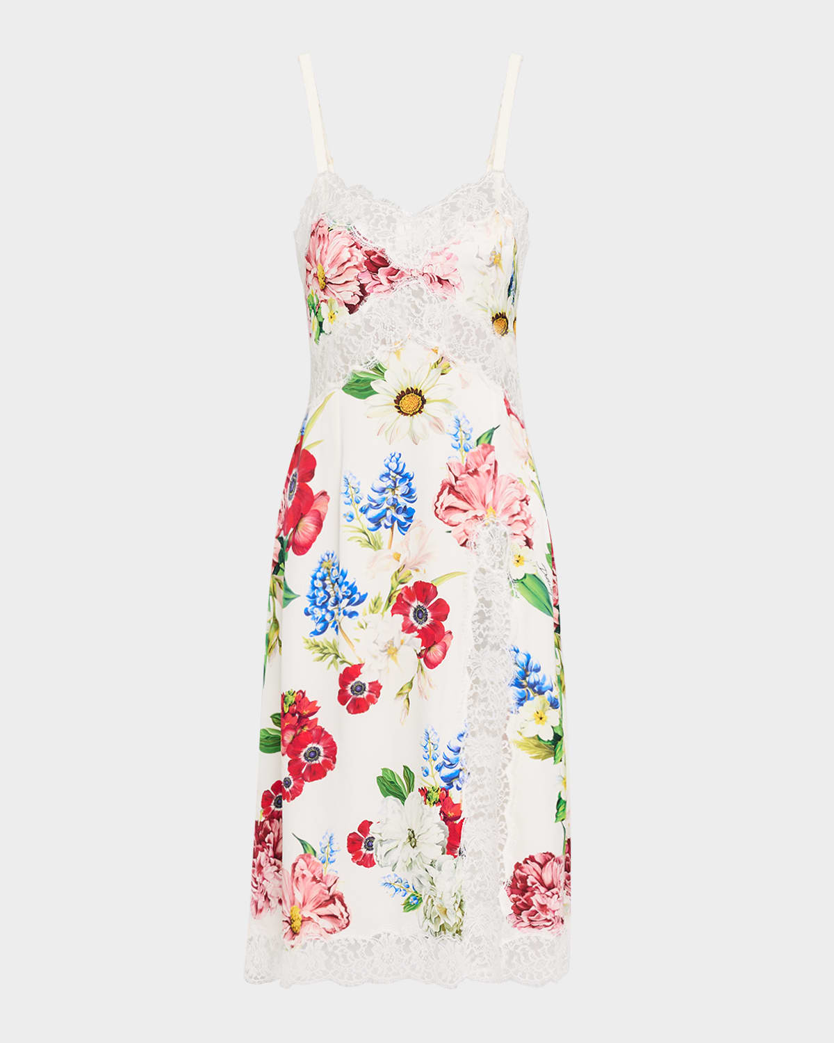 Dolce & Gabbana Floral Lace-trim Slit Midi Slip Dress In White Floral