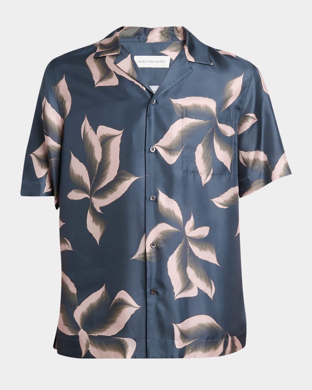 Dries Van Noten Silk Shirt With Floral Pattern And Camp Collar In Dark Navy