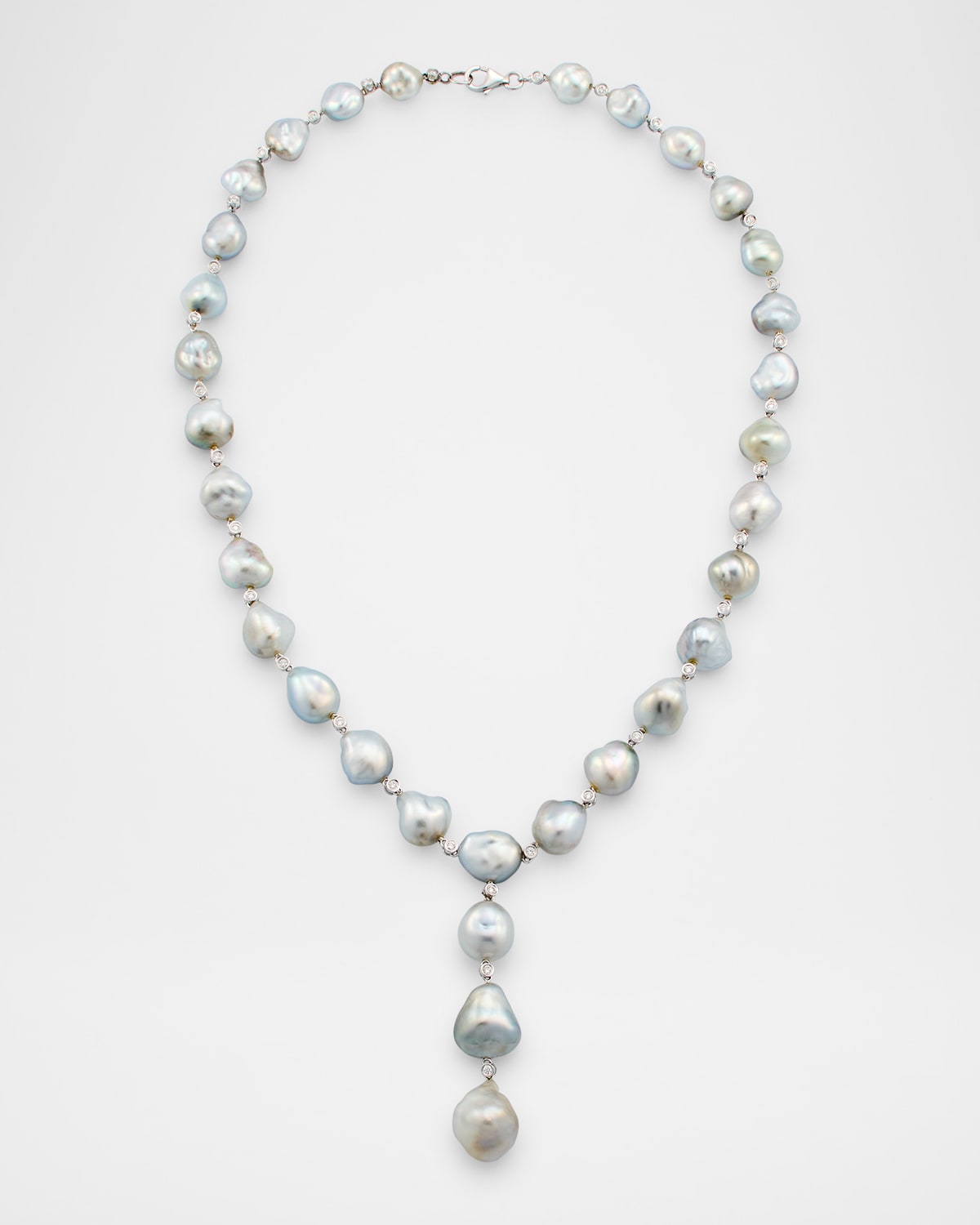 18K White Gold Tahitian Pearl Lariat Necklace with Diamonds, 18"L