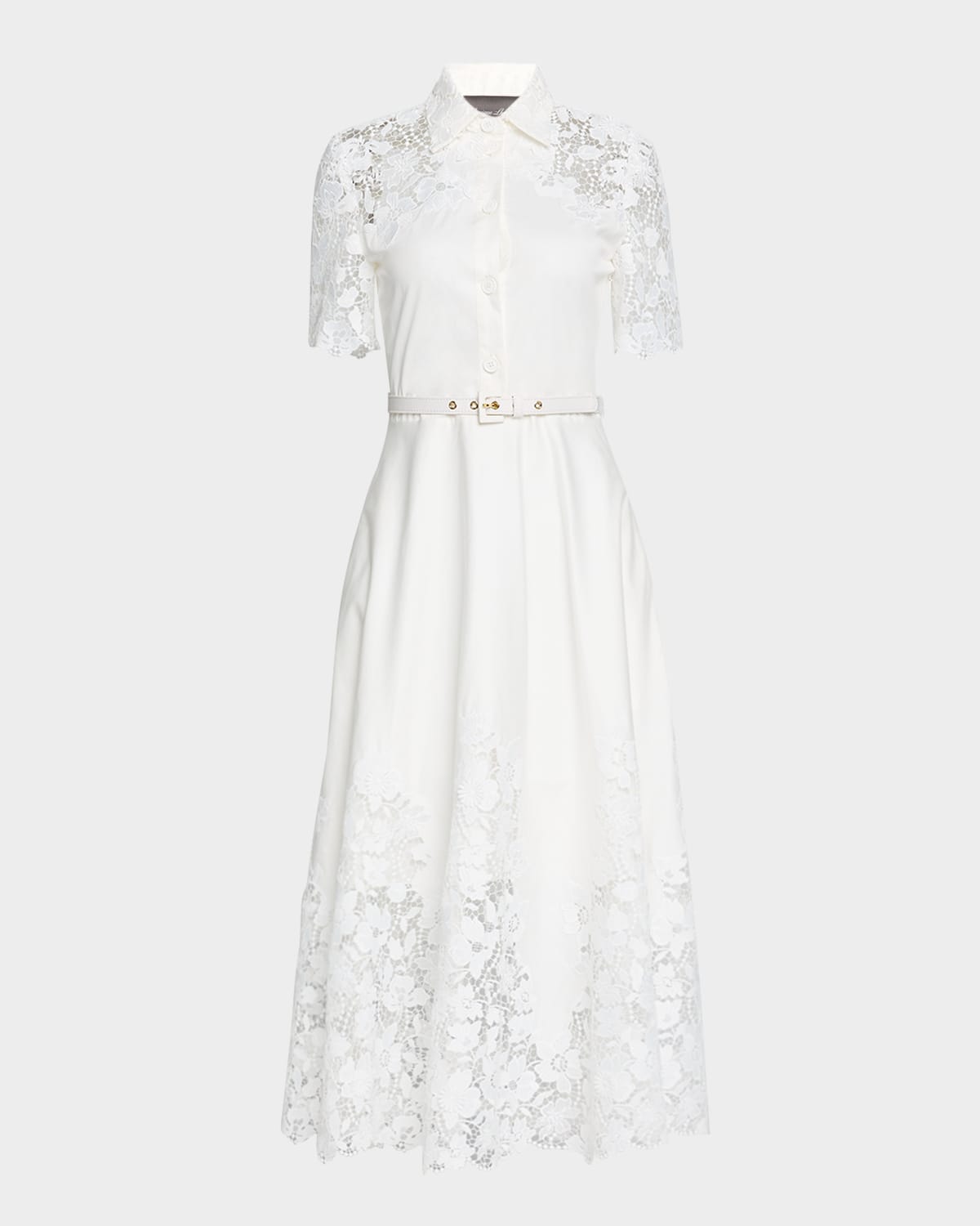 Lace-Inset Short-Sleeve Cotton Midi Shirtdress