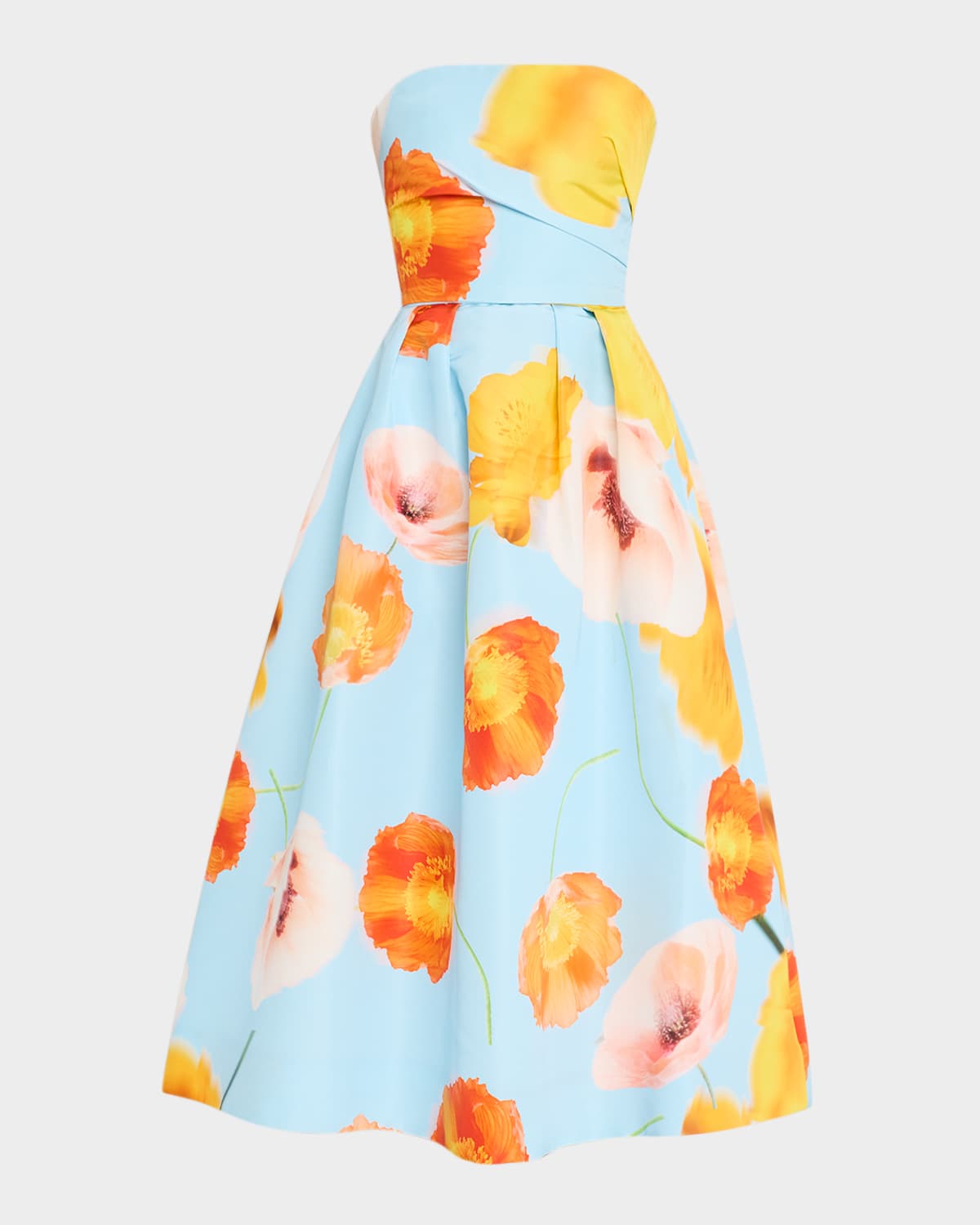 Floating Poppy-Print Strapless Tea-Length Dress