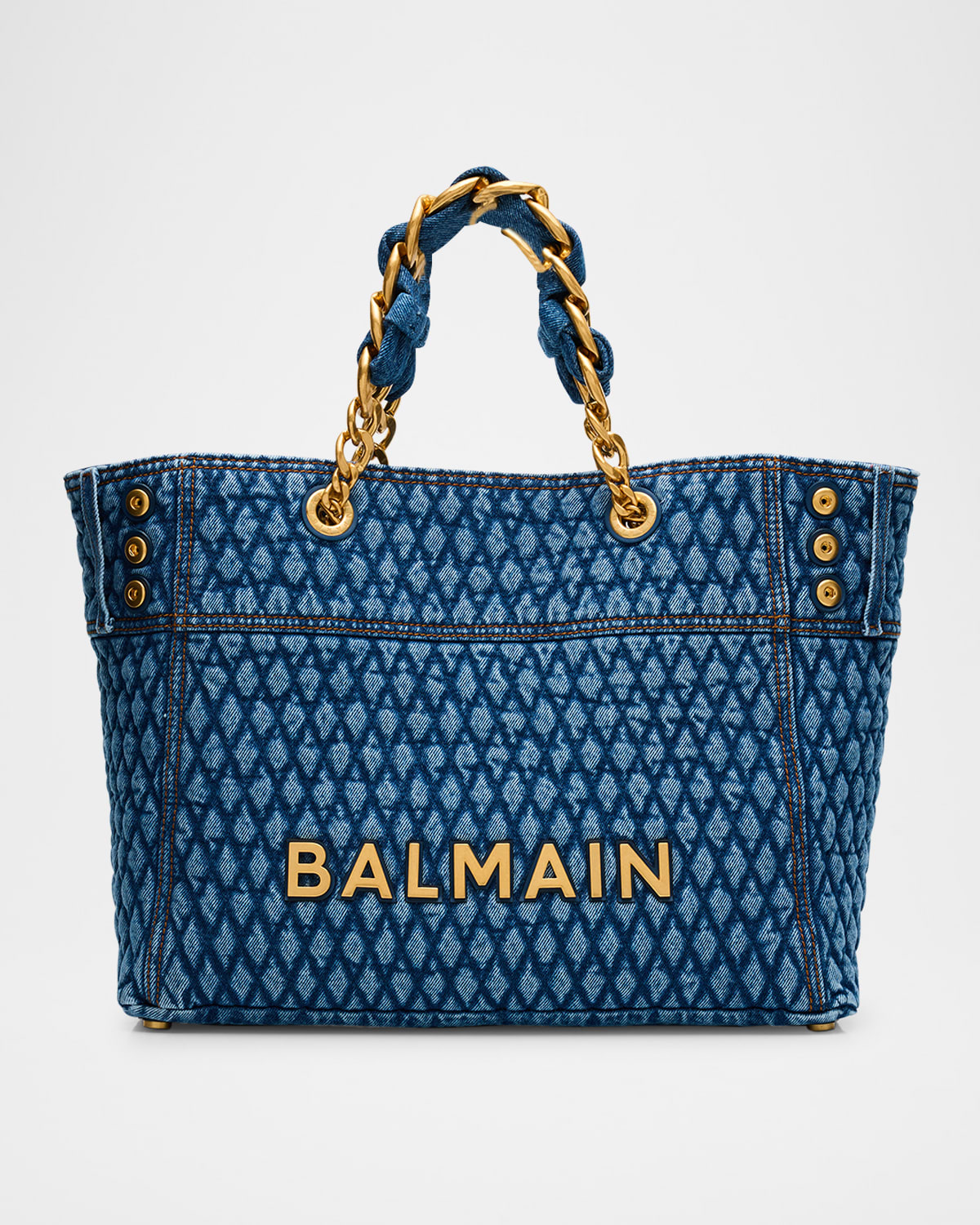 Balmain 1945 Shoulder Bag In Grid Quilted Denim In Blue