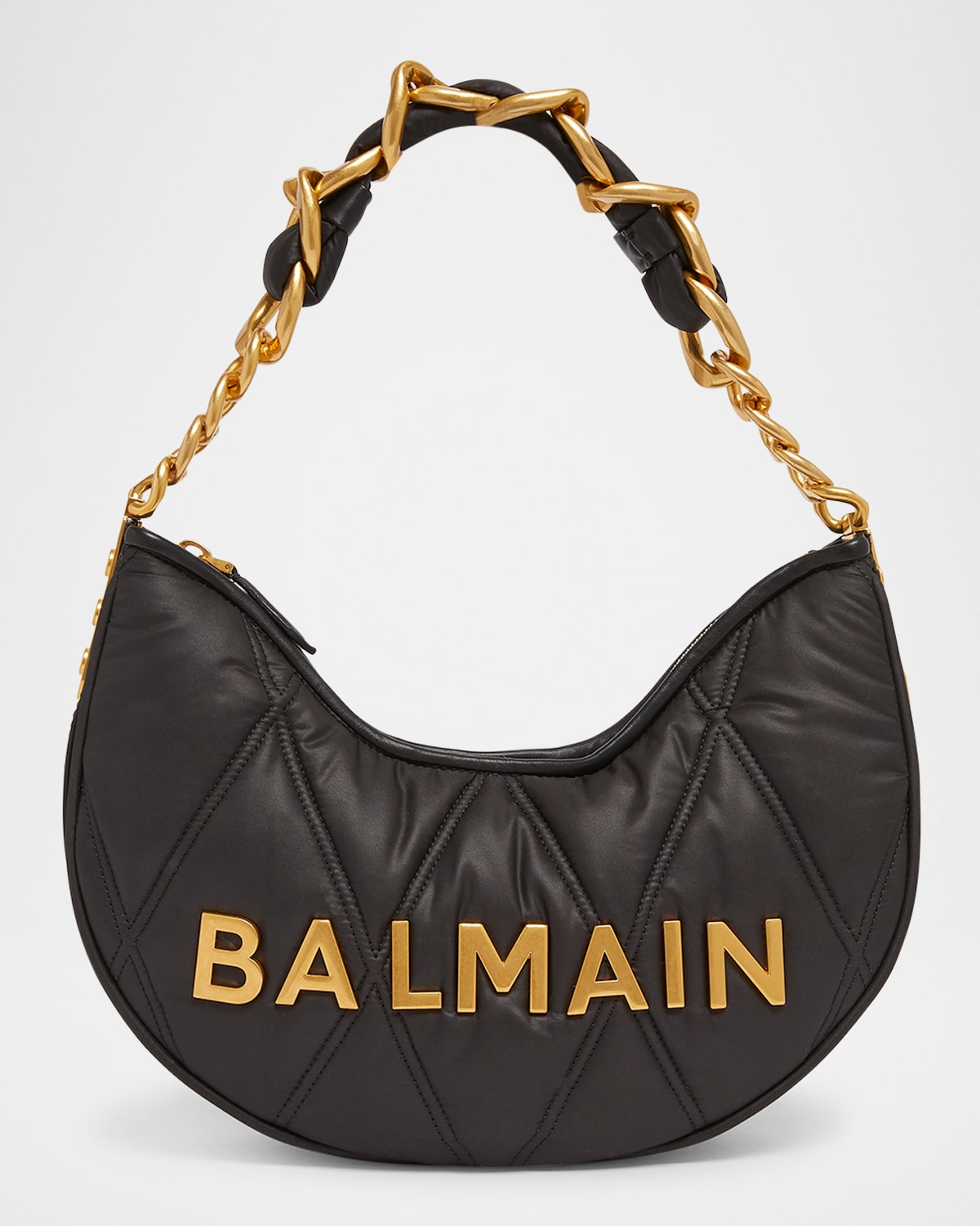 Balmain 1945 Moon Shoulder Bag In Grid Quilted Nylon In Eaf Noirkaki