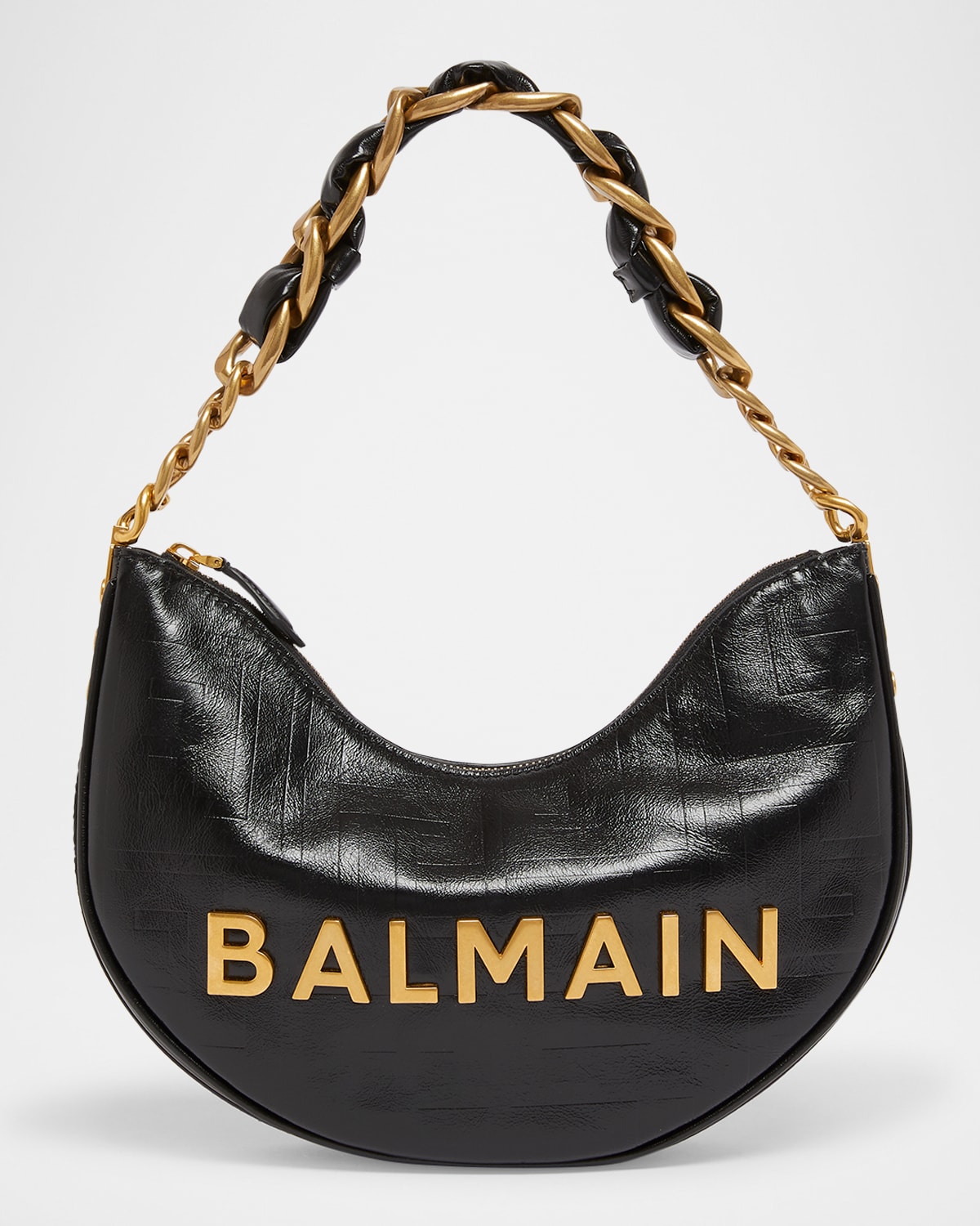 Balmain 1945 Moon Shoulder Bag In Pb Embossed Crinkle Leather In Noir