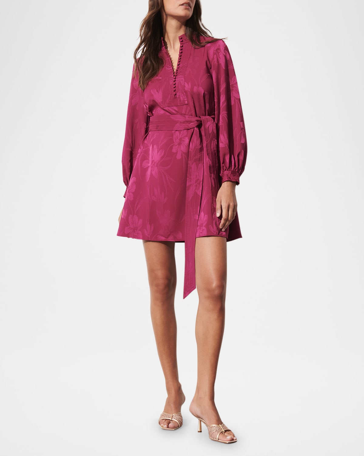 FIGUE IZZIE FLORAL JACQUARD LONG-SLEEVE MINI DRESS 