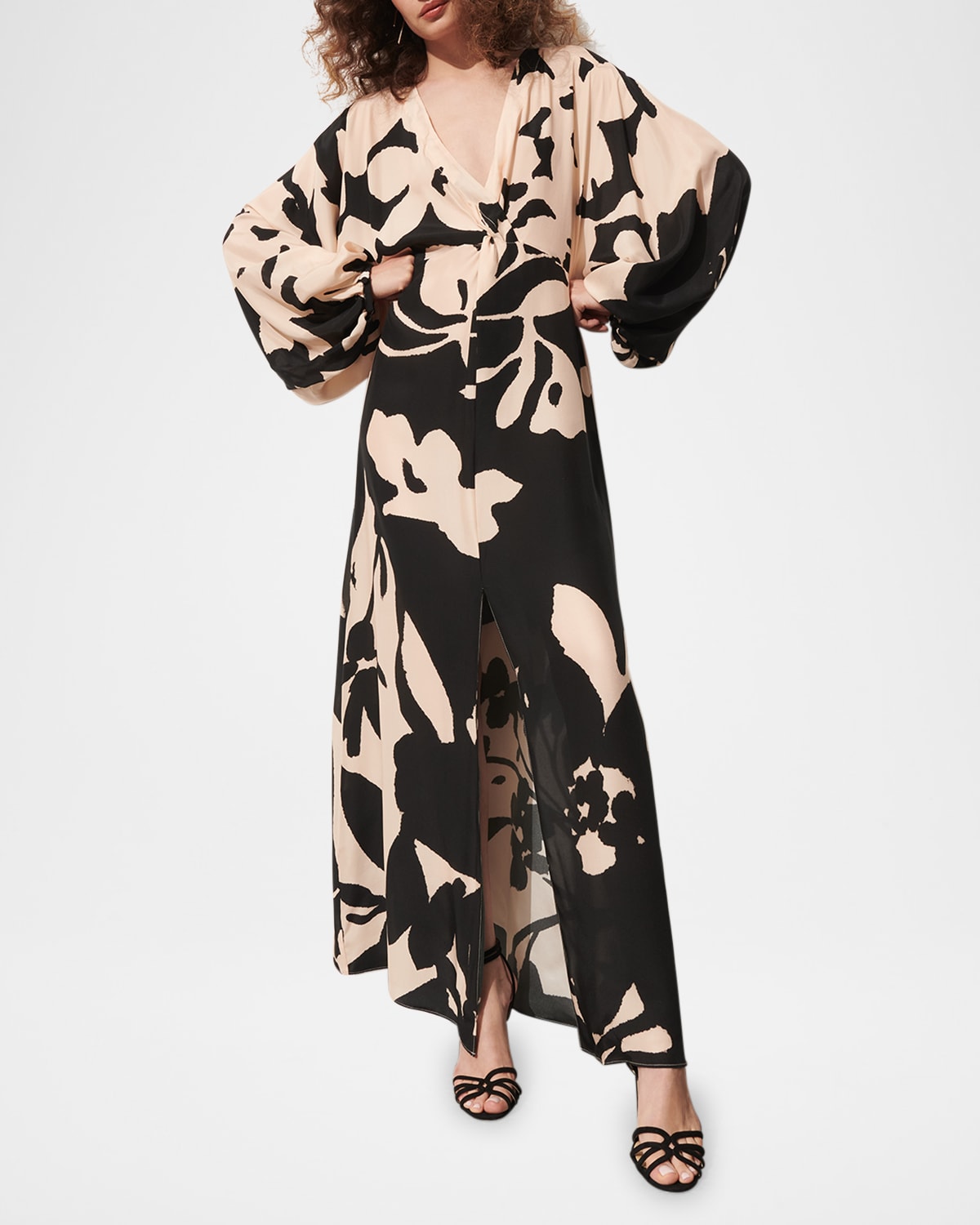 Brenna Floral-Print Balloon-Sleeve Slit Maxi Dress