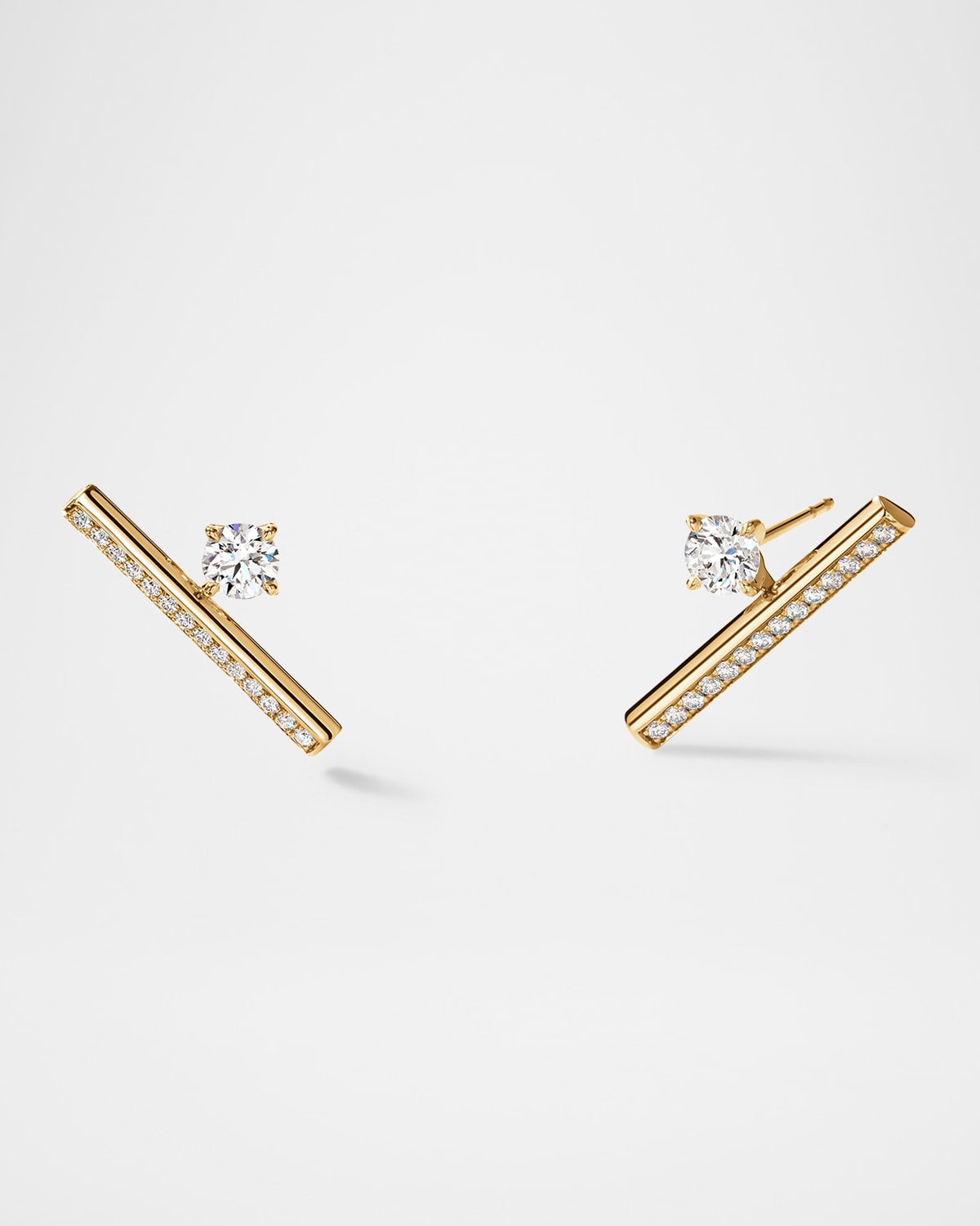 18K Yellow Gold Barre Floating Single Diamond Pave Climber Earrings