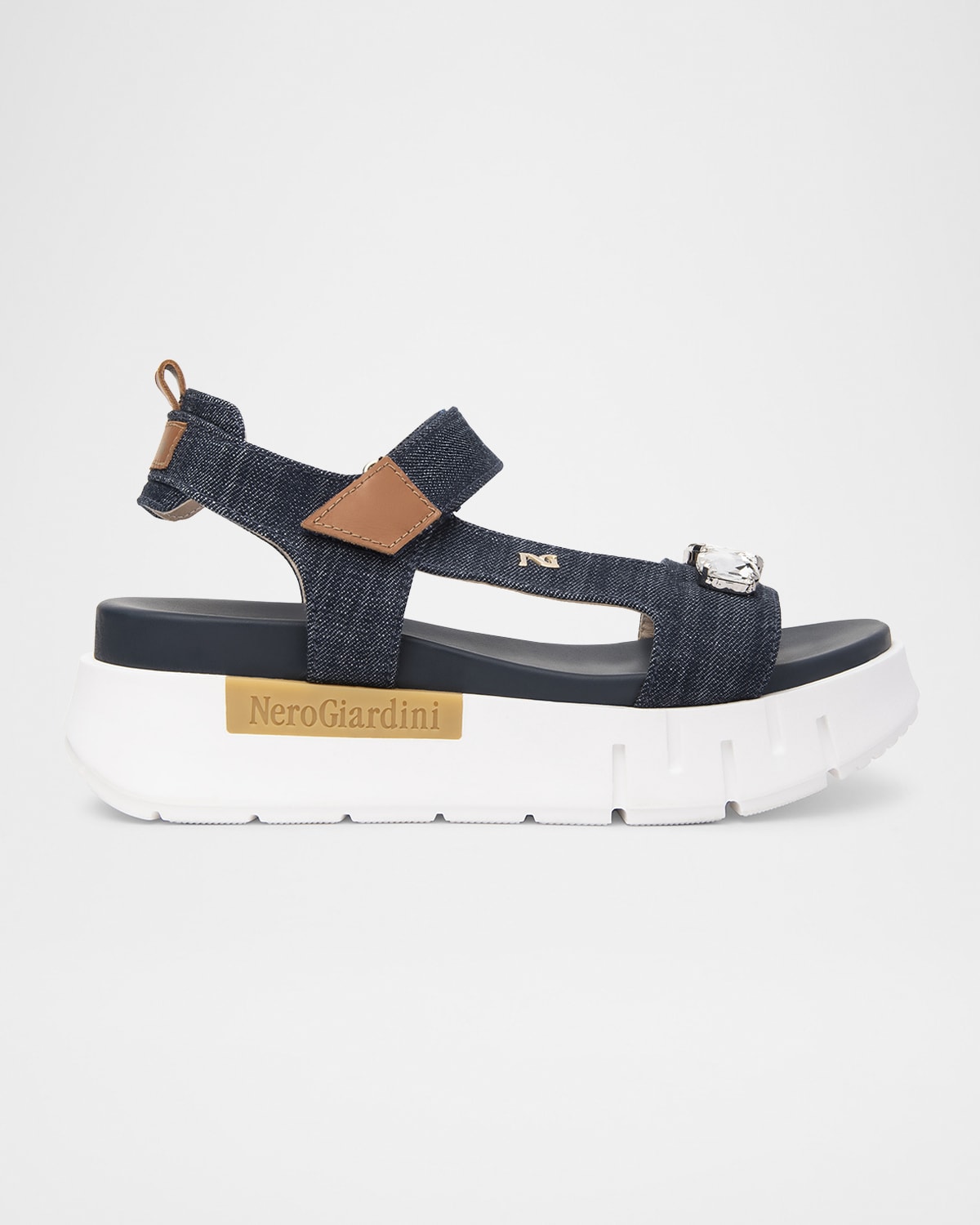 Stone Embellished Denim and Leather Sandals