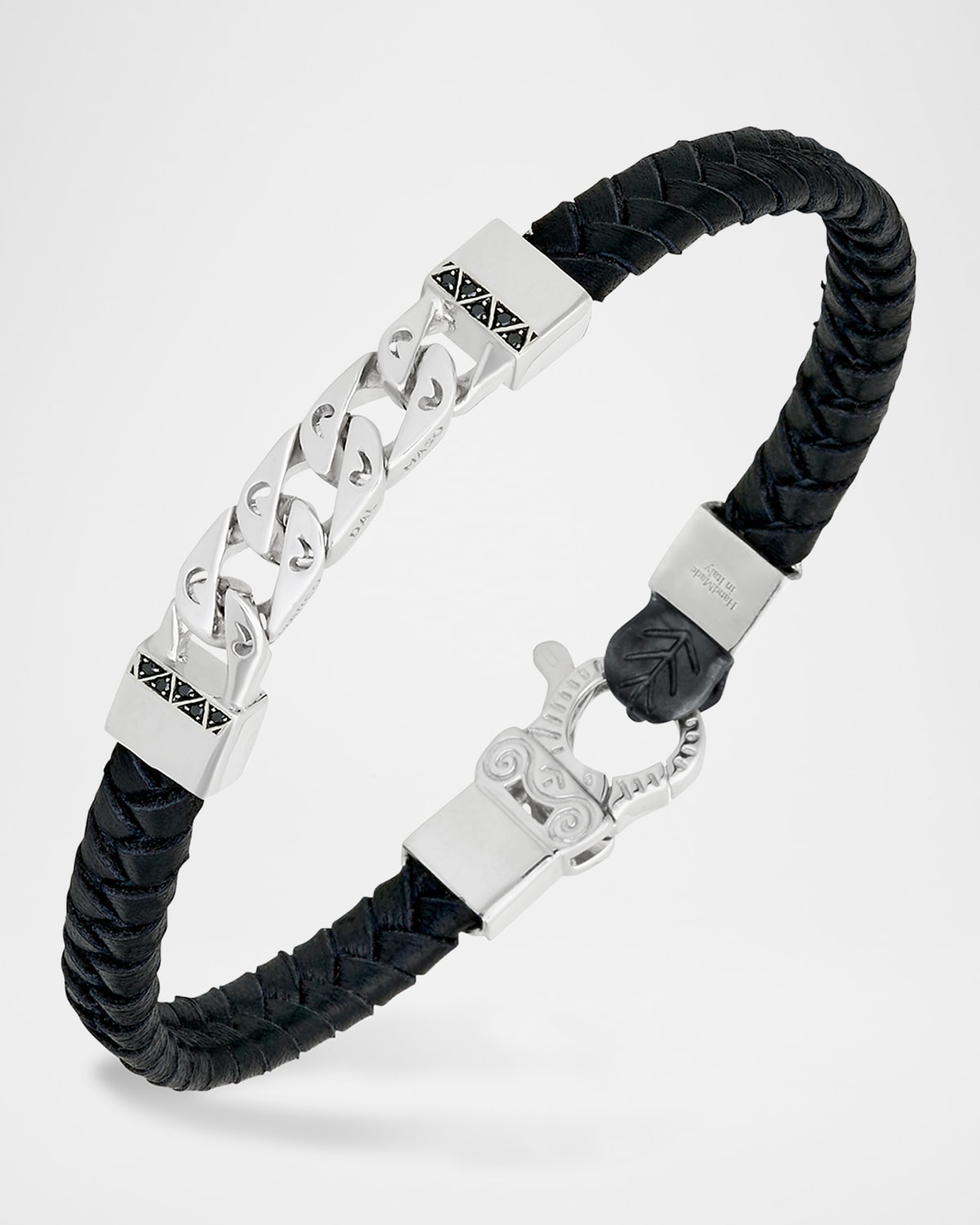 Flaming Tongue Braided Leather and Silver Bracelet with Black Diamonds