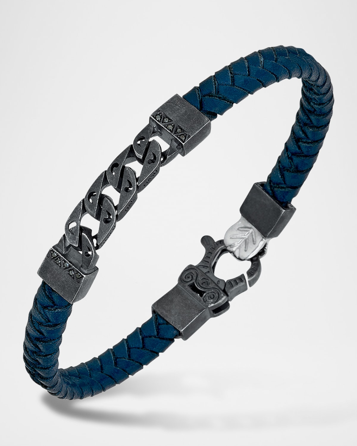 Flaming Tongue Braided Leather and Silver Bracelet with Black Diamonds