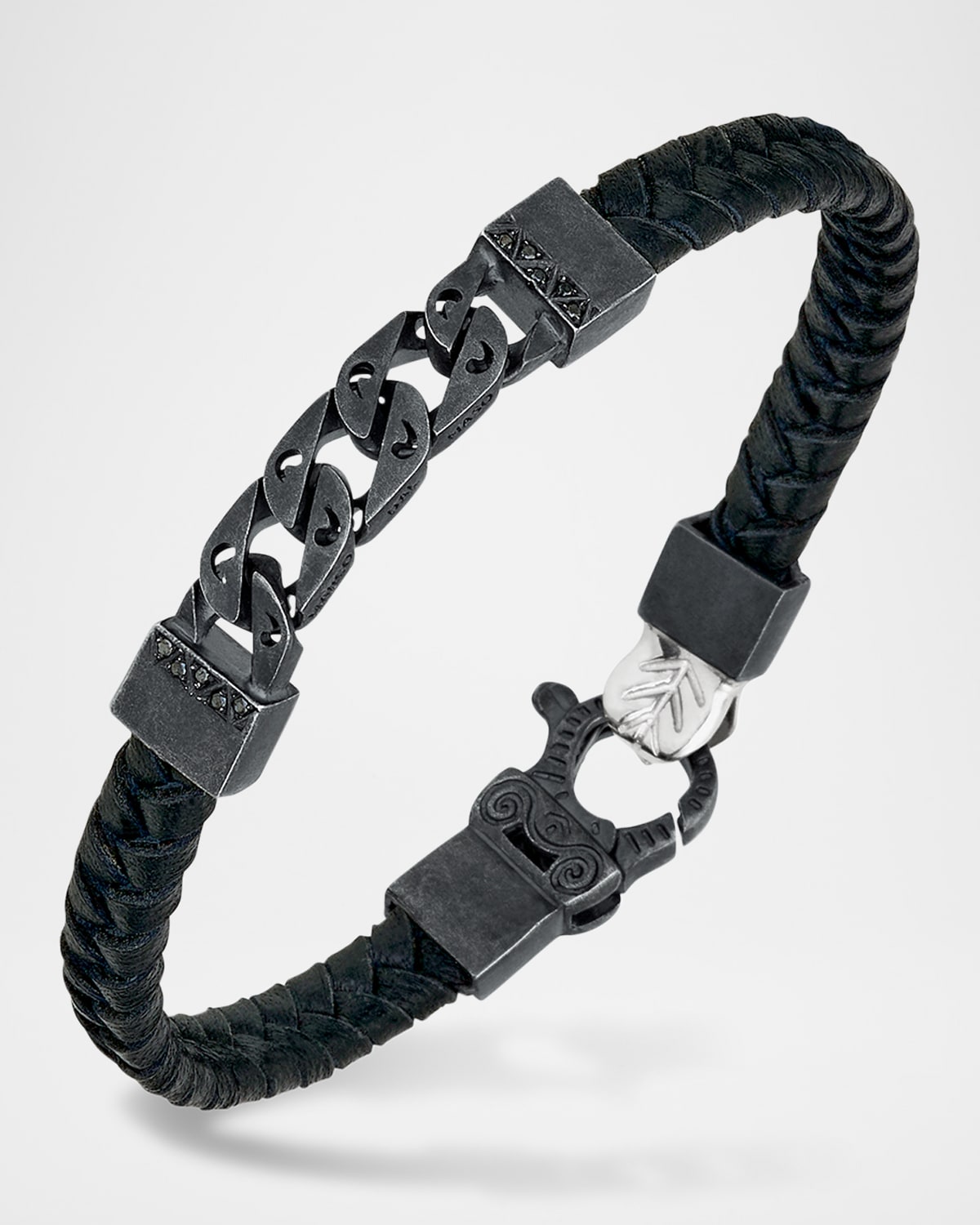 Flaming Tongue Braided Leather and Silver Bracelet with Black Diamonds