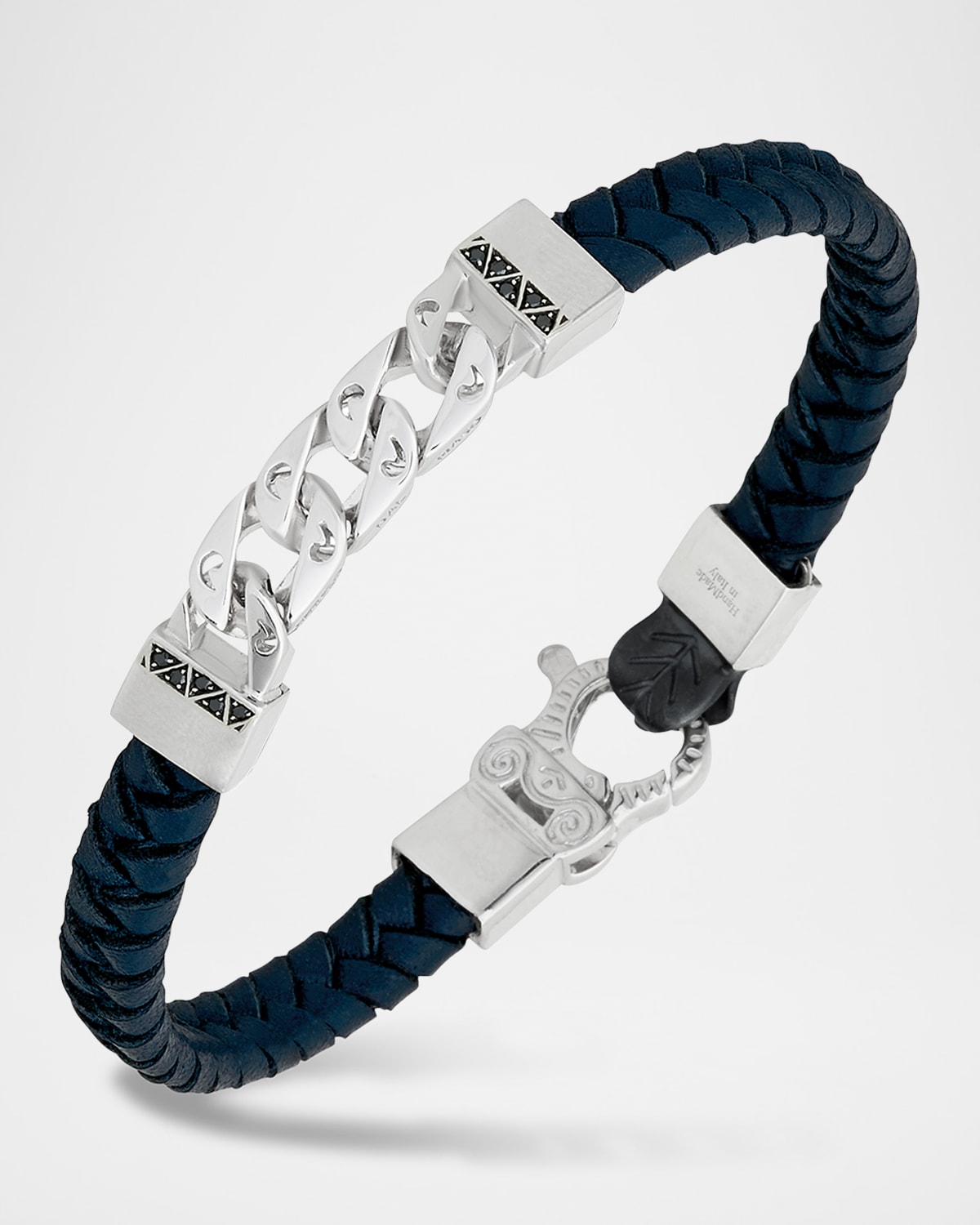 Flaming Tongue Braided Leather and Silver Bracelet with Black Diamonds