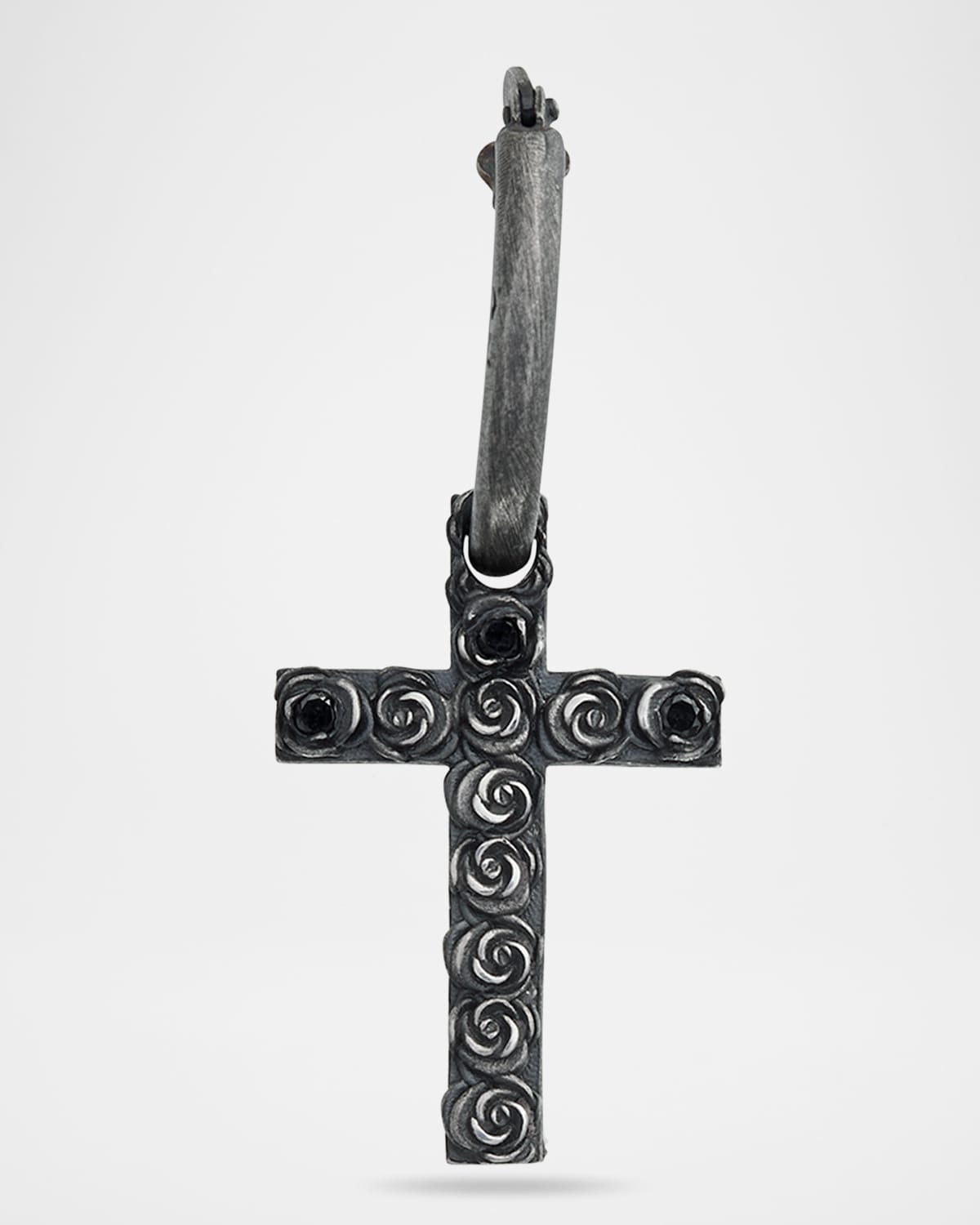The Cross Bed of Roses Mono Earring in Oxidized Silver with Black Diamonds, Single