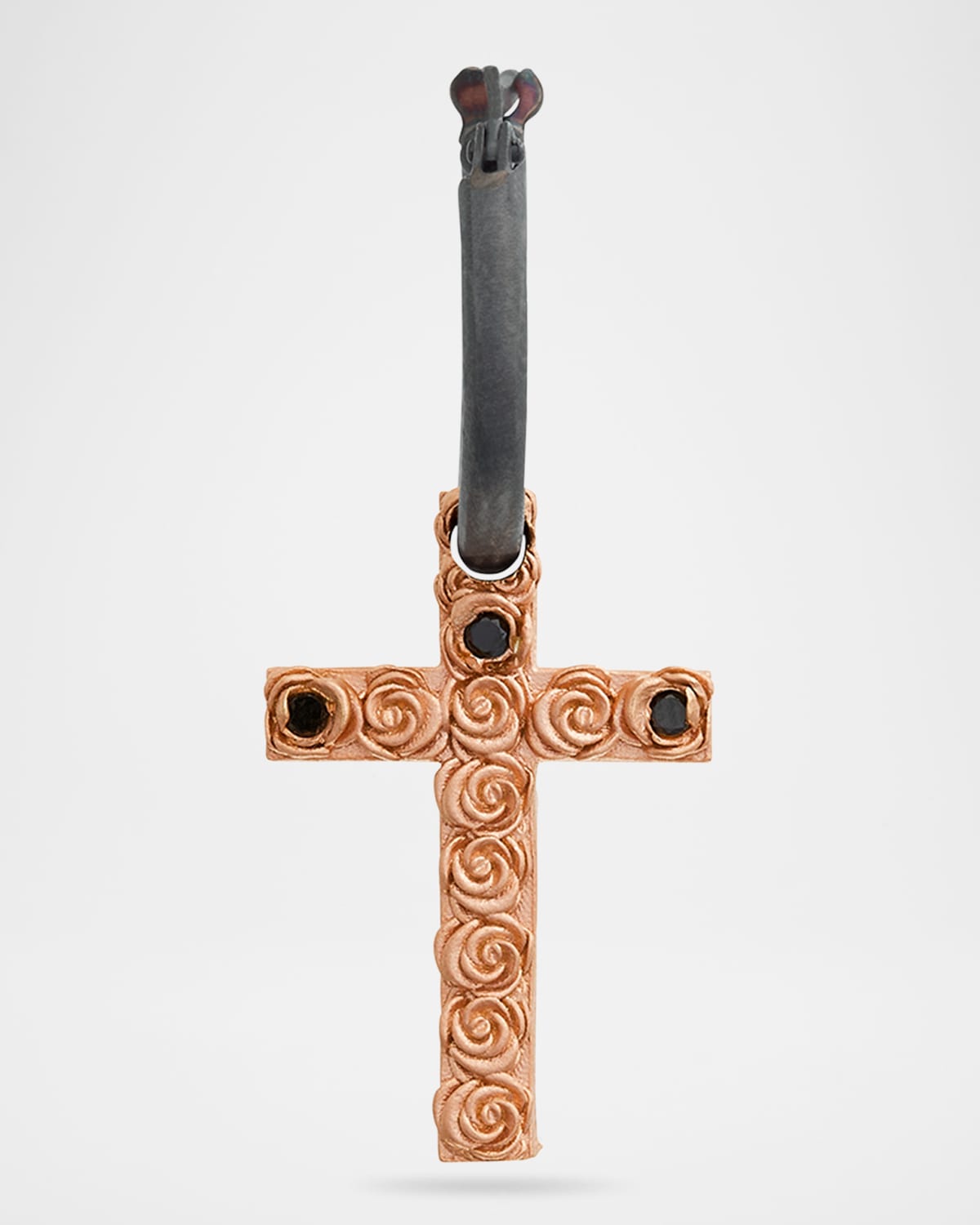 The Cross Bed of Roses Mono Earring in Oxidized Silver and 18K Rose Gold Vermeil with Black Diamonds, Single