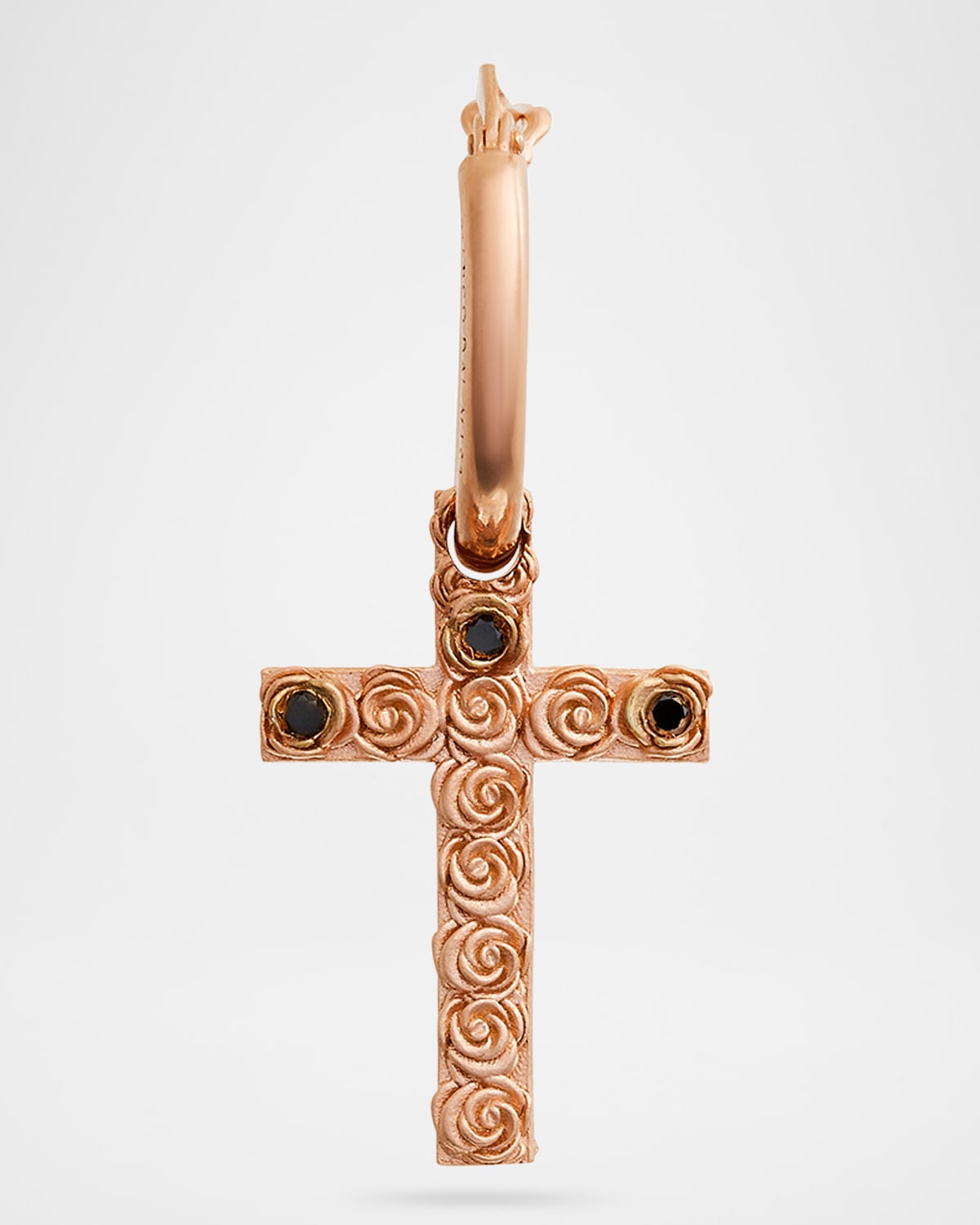 The Cross Bed of Roses Mono Earring in Matte Polished 18K Rose Gold Vermeil with Black Diamonds, Single