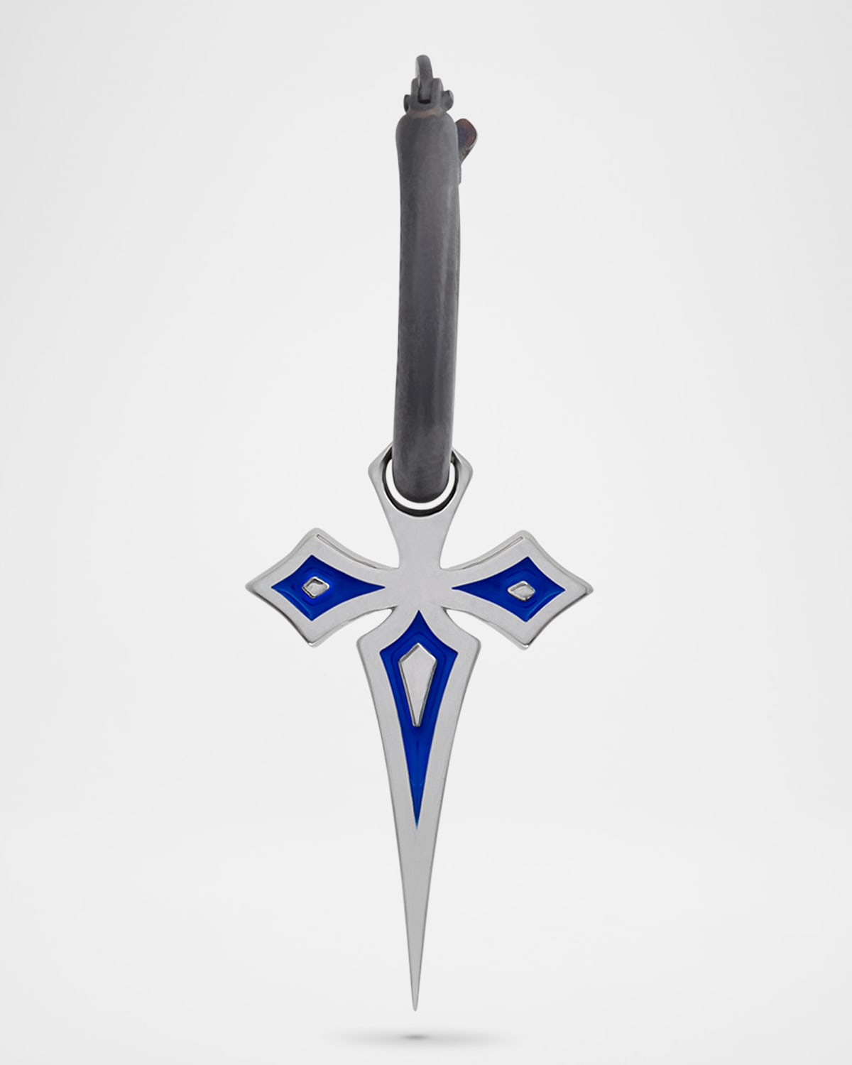 The Cross Gothic Style Mono Blue Enamel Oxidized and Polished Sterling Silver Earring, Single