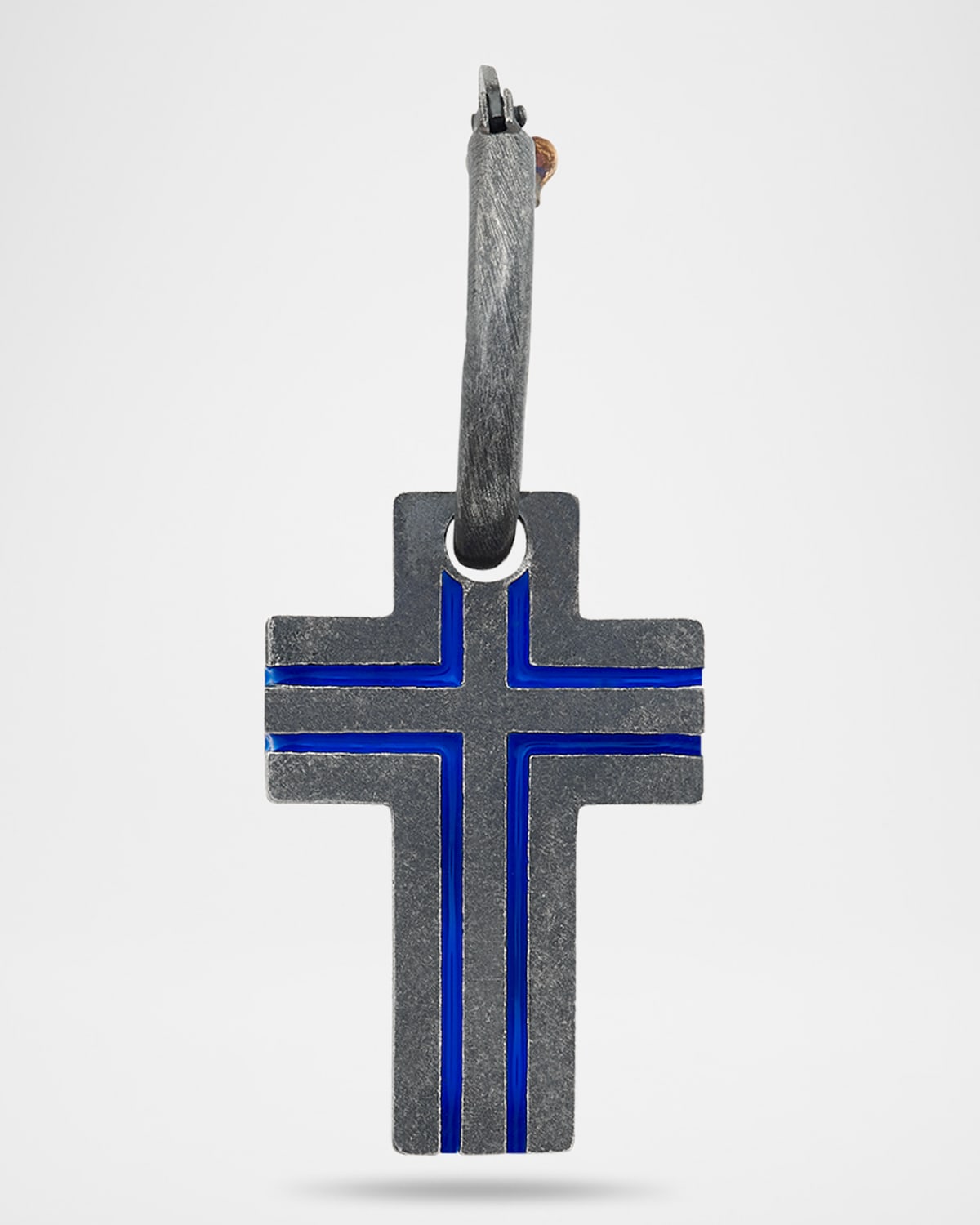 The Cross Art Deco Style Mono Oxidized Silver and Blue Enamel Earring, Single