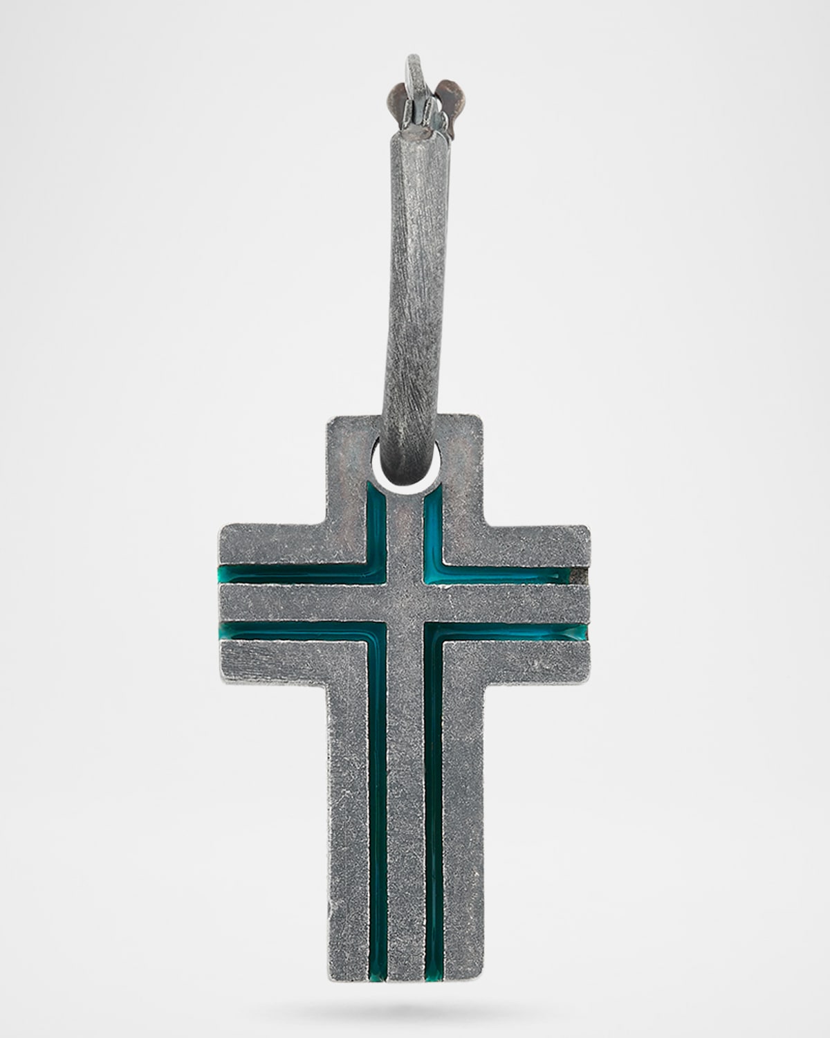 The Cross Art Deco Style Mono Oxidized Silver and Green Enamel Earring, Single