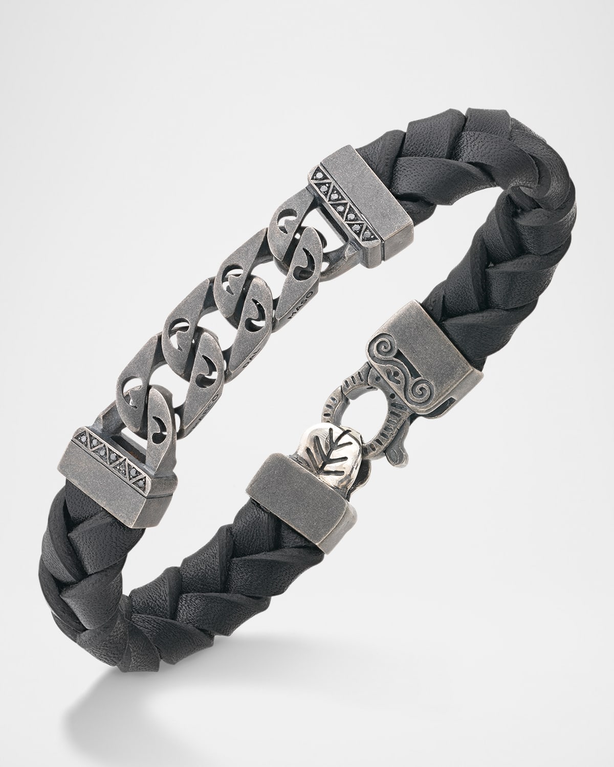 Flaming Tongue Braided Leather and Silver Bracelet with Black Diamonds