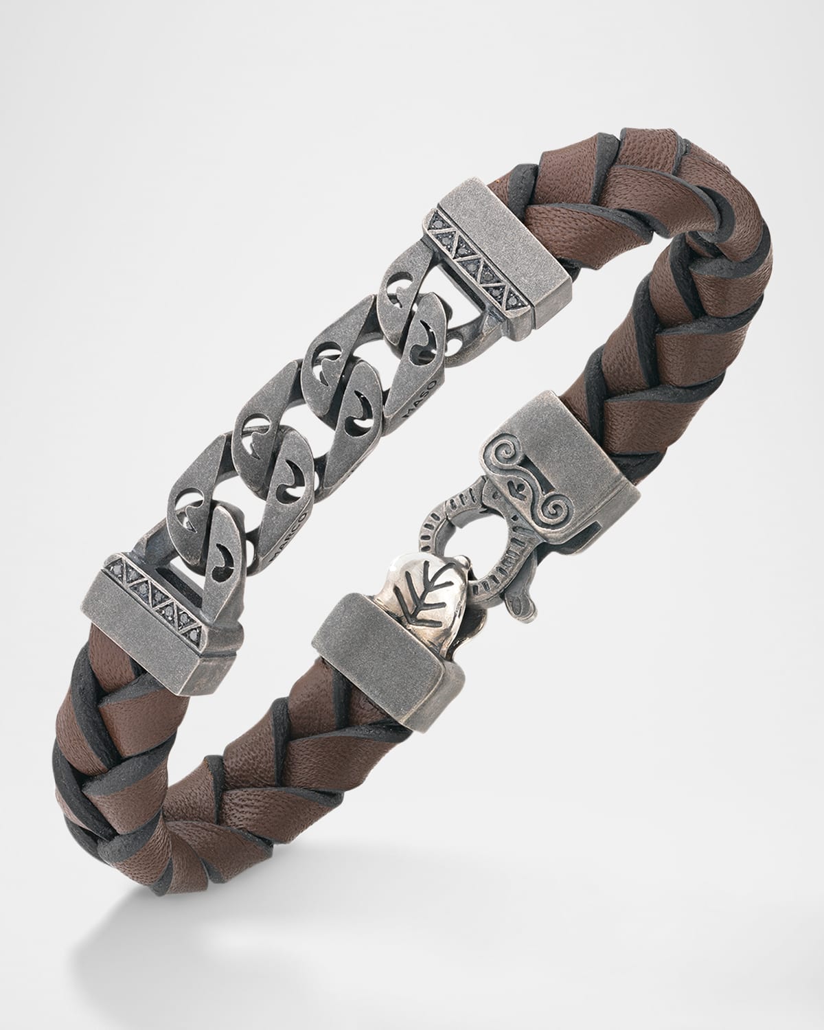 Flaming Tongue Braided Leather and Silver Bracelet with Black Diamonds