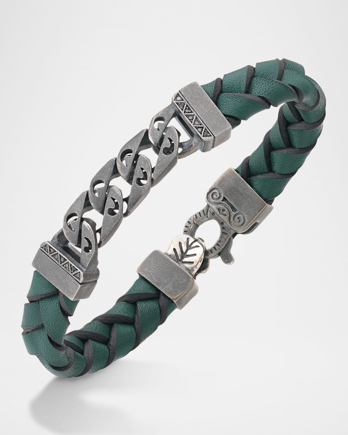 Flaming Tongue Braided Leather and Silver Bracelet with Black Diamonds