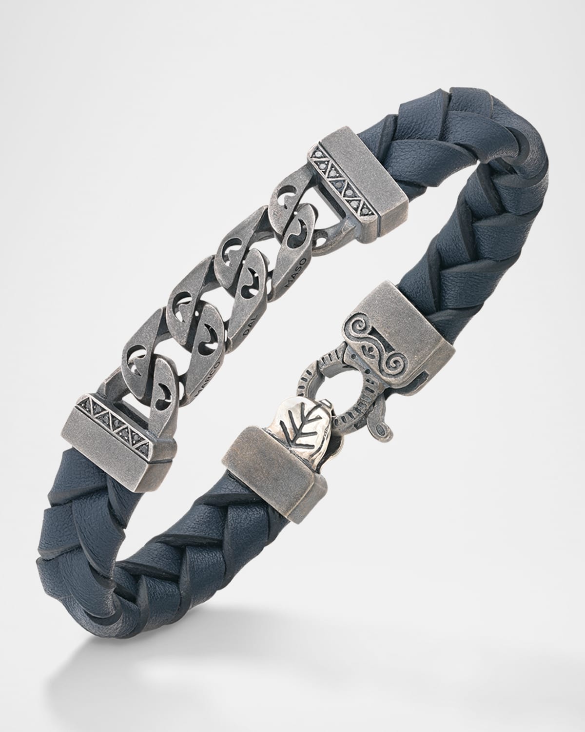 Flaming Tongue Braided Leather and Silver Bracelet with Black Diamonds