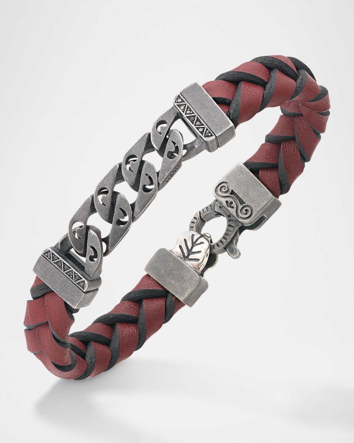 Flaming Tongue Braided Leather and Silver Bracelet with Black Diamonds