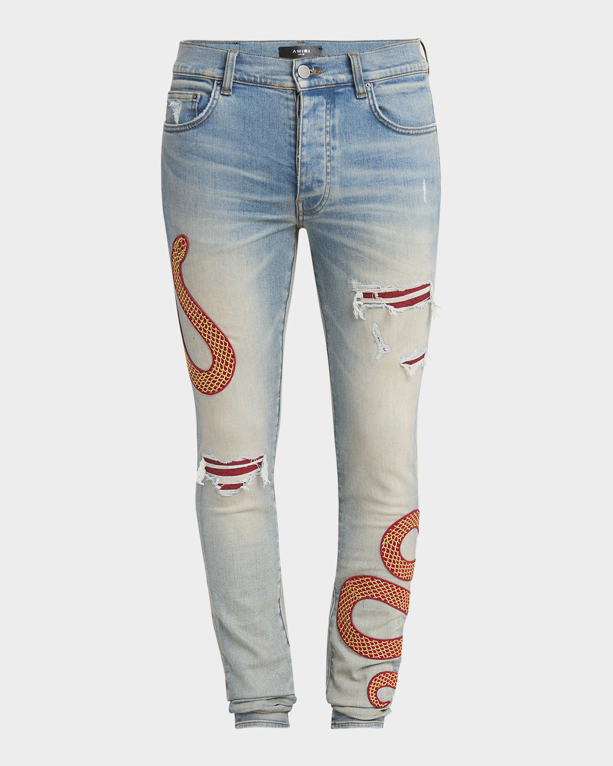 Shop Amiri Men's Snake Applique Skinny Jeans In Antique Indigo