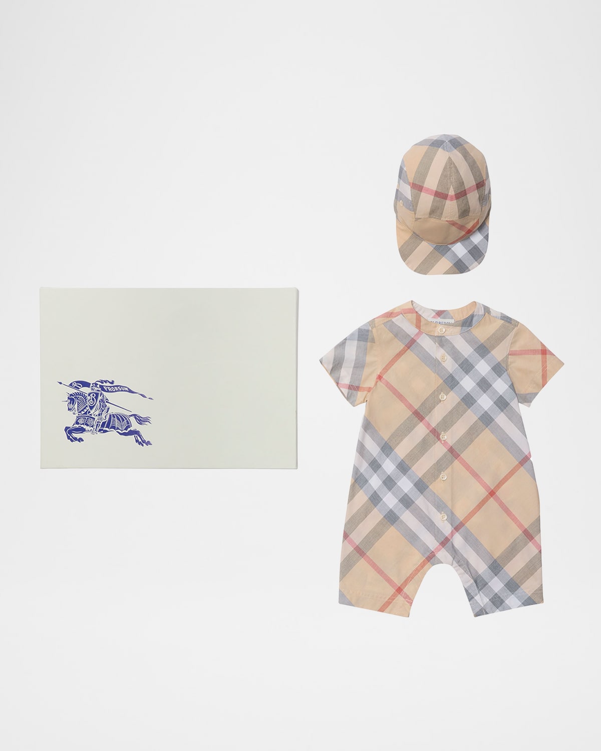 Burberry Boy's Lennie Romper And Hat Set In Pale Stone Ip Check