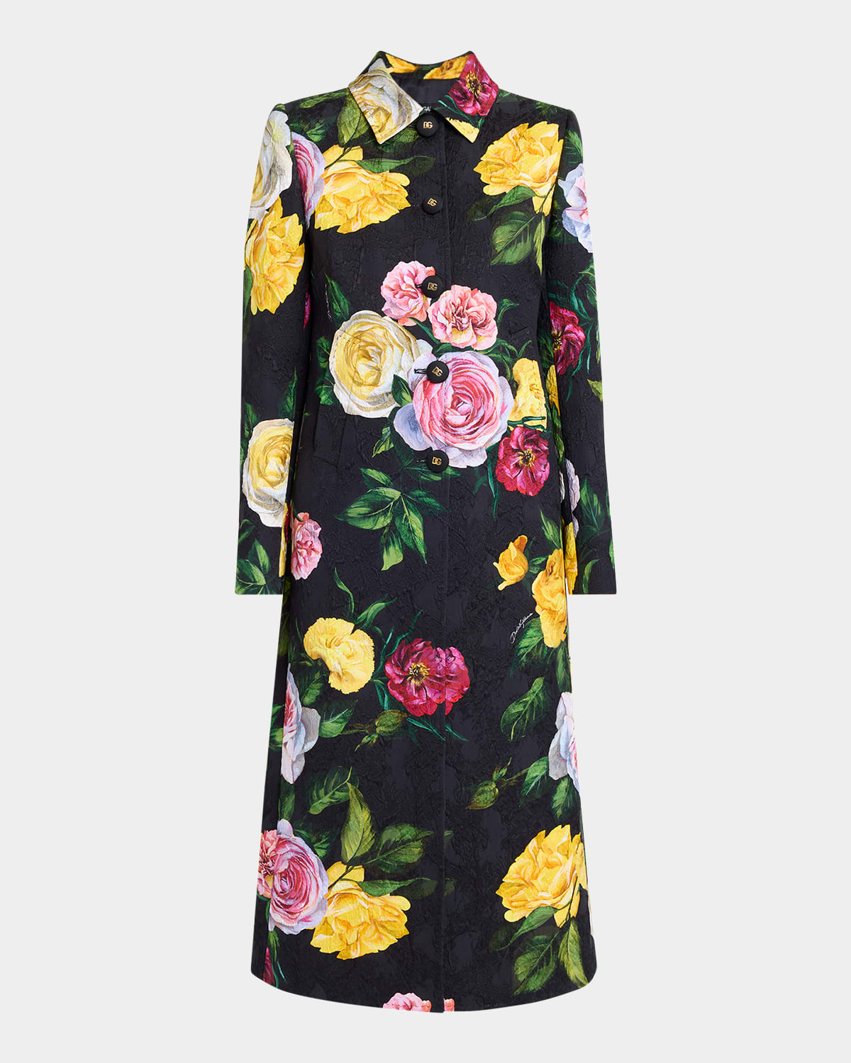 Dolce & Gabbana Calf-length Cady Shirt Dress With Peony And Rose Print In Blkmixflow