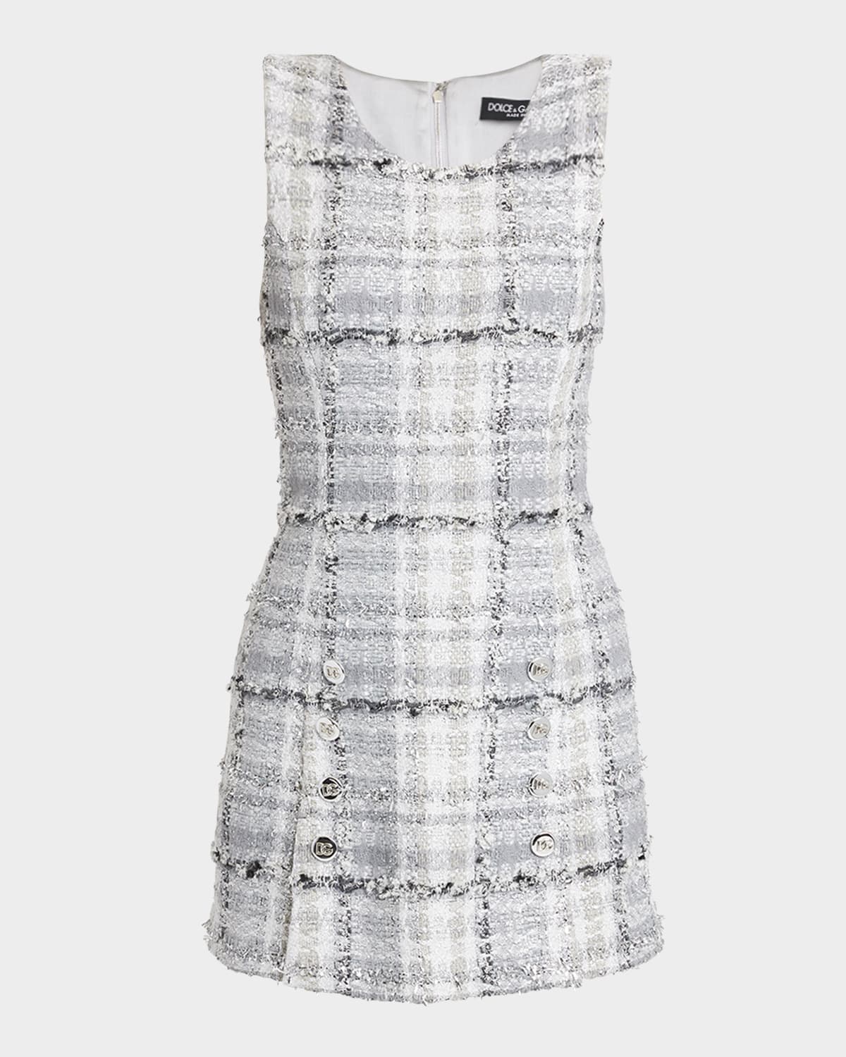 Dolce & Gabbana Lurex Raschel Tweed A-line Minidress With Dg-branded Buttons In Greycheck