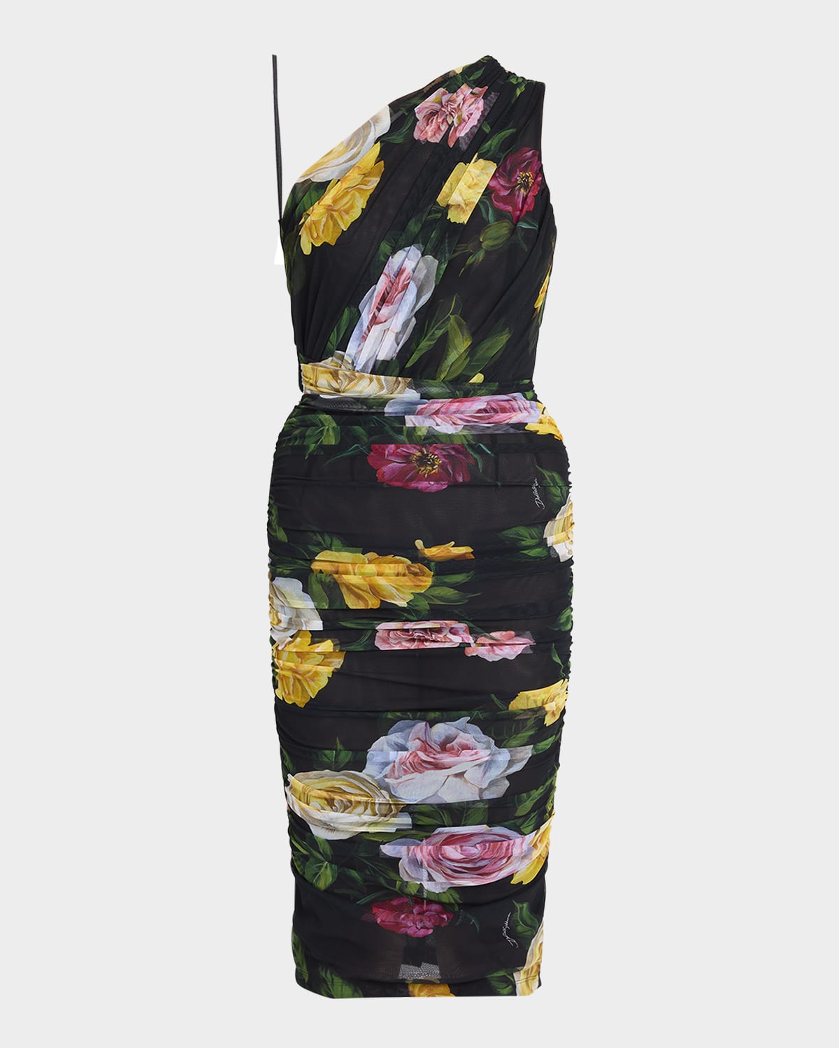 Dolce & Gabbana Tulle One-shoulder Calf-length Dress With Peony And Rose Print In Blkmixflow
