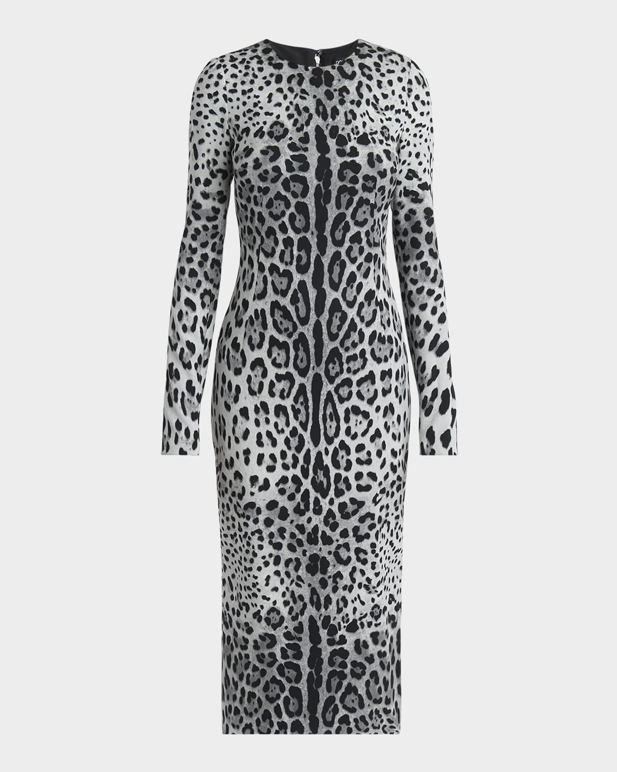 Shop Dolce & Gabbana Leopard-print Long-sleeve Charmeuse Midi Dress In Greyprtblk