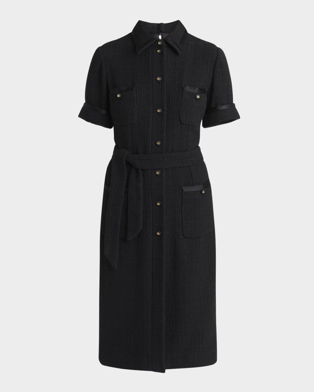Dolce & Gabbana Rachel Tweed Belted Midi Shirtdress In Black