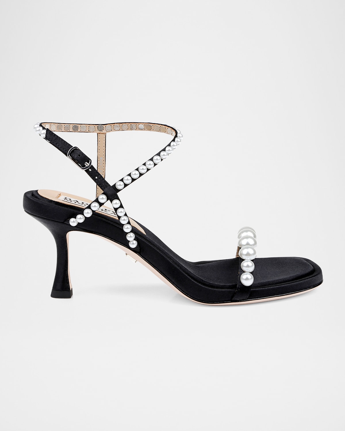 BADGLEY MISCHKA JOLIE PEARLY SILK KITTEN-HEEL SANDALS 