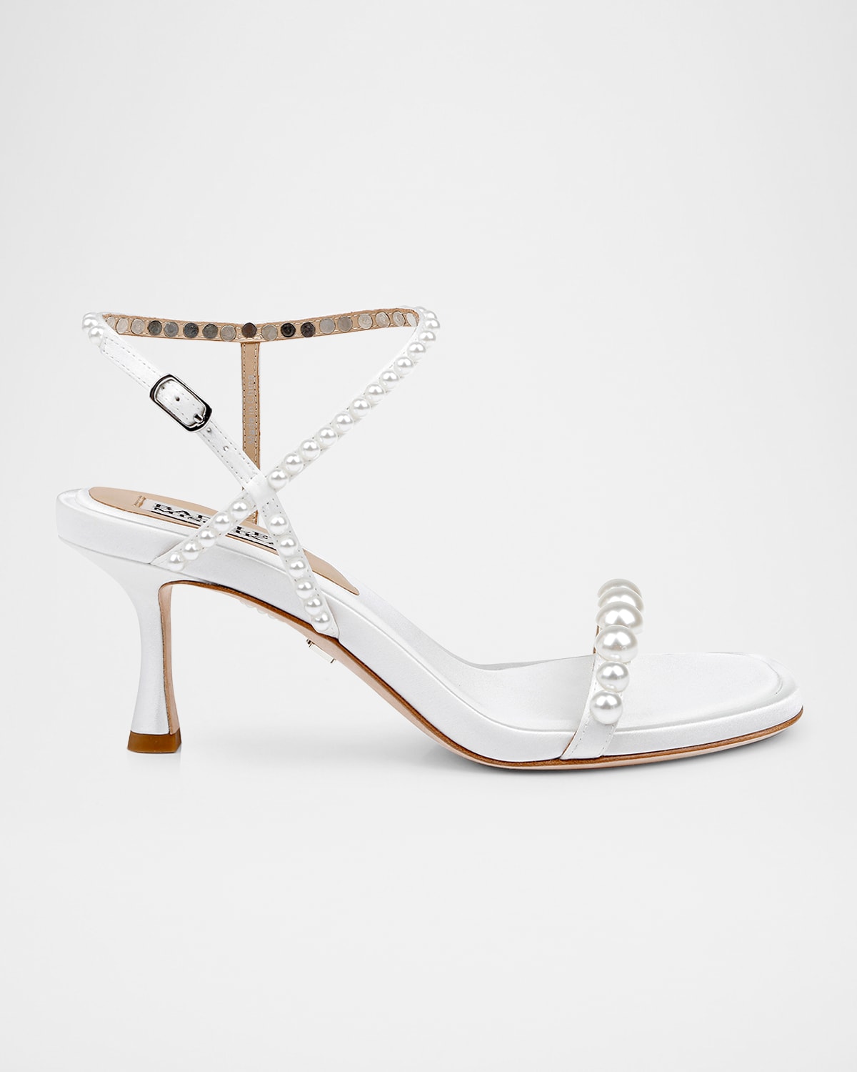 BADGLEY MISCHKA JOLIE PEARLY SILK KITTEN-HEEL SANDALS 