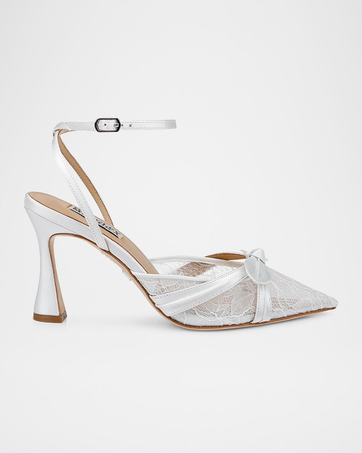 Badgley Mischka Josie Silk Lace Bow Ankle-strap Pumps In White Satin