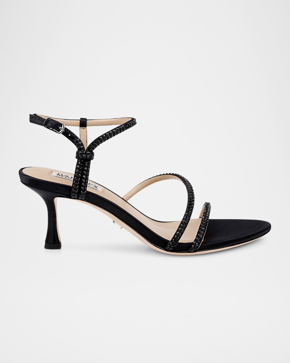 BADGLEY MISCHKA JULIANNA SILK CRYSTAL STRAPPY KITTEN-HEEL SANDALS 