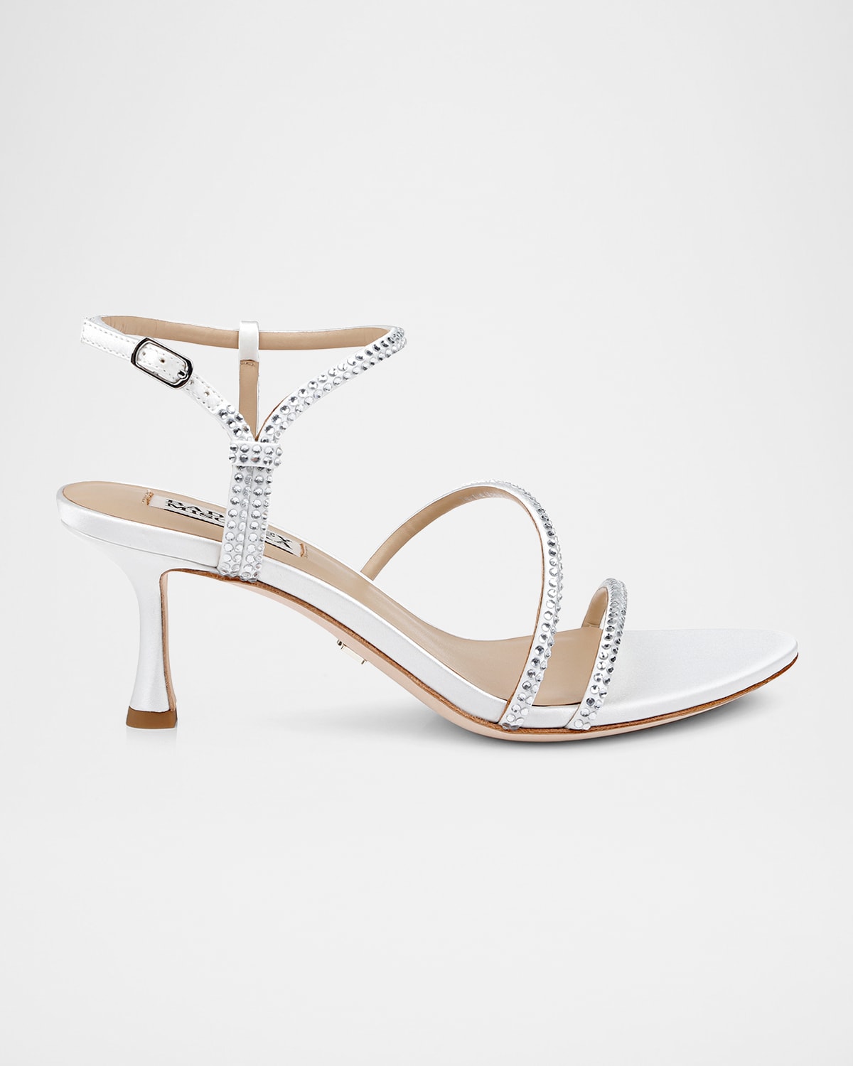 BADGLEY MISCHKA JULIANNA SILK CRYSTAL STRAPPY KITTEN-HEEL SANDALS 
