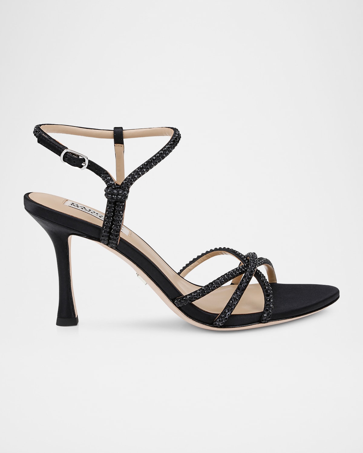 Shop Badgley Mischka Julietta Silk Crystal Strappy Sandals In Black Satin