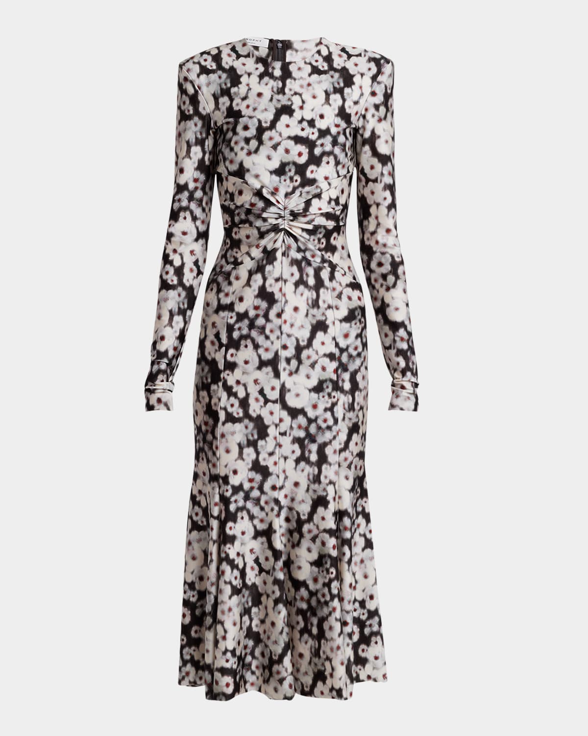 Shop Philosophy Di Lorenzo Serafini Floral-print Strong-shoulder Long-sleeve Midi Dress In Multi Brown