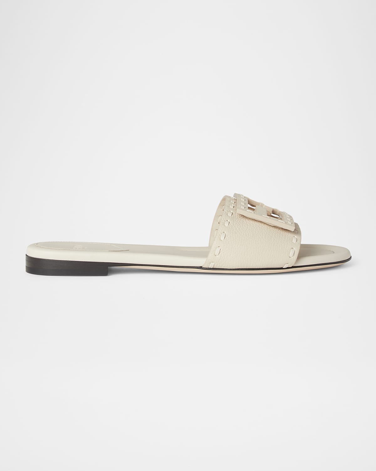 Fendi Baguette Ff Leather Buckle Flat Slide Sandals