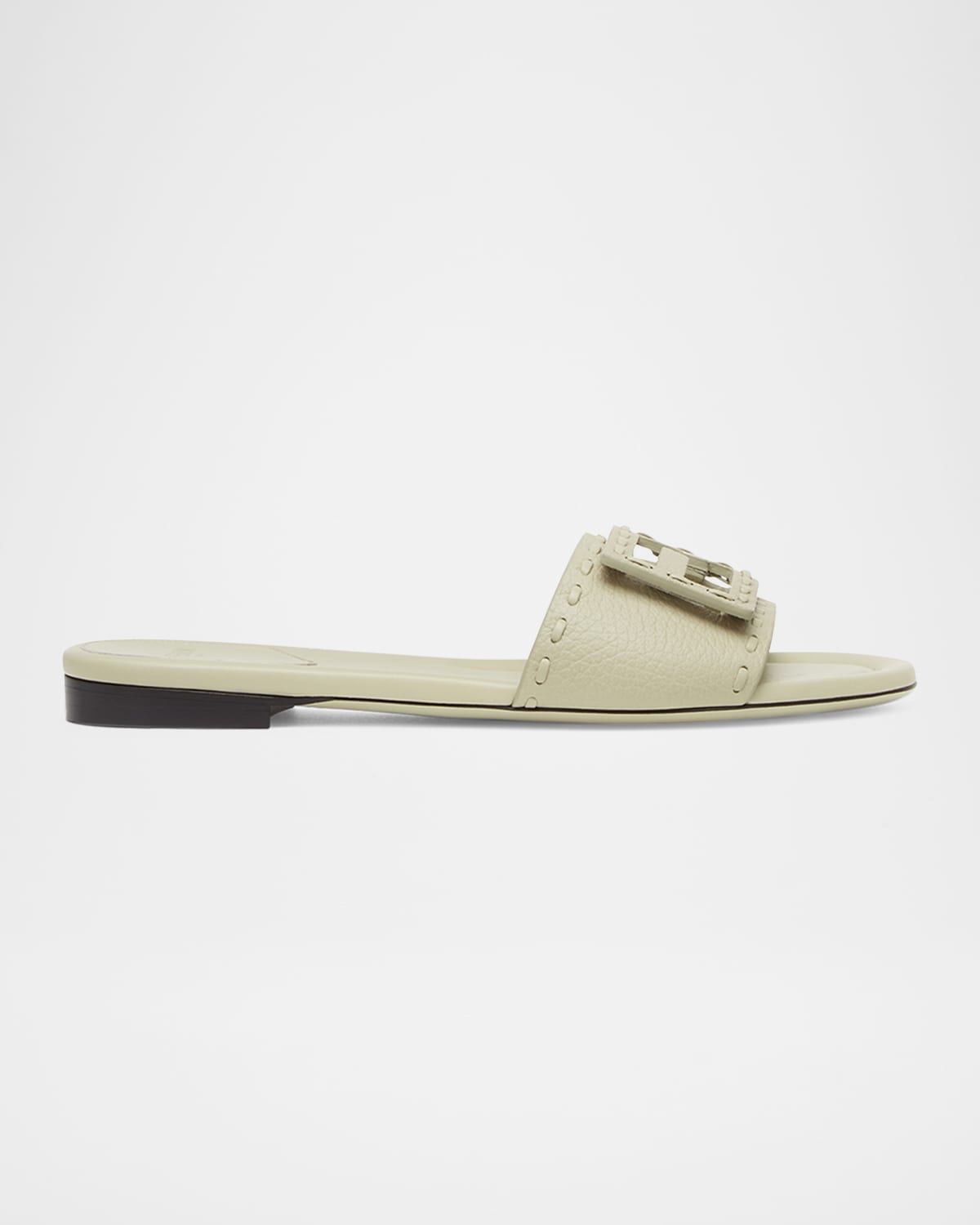 Baguette FF Leather Buckle Flat Slide Sandals