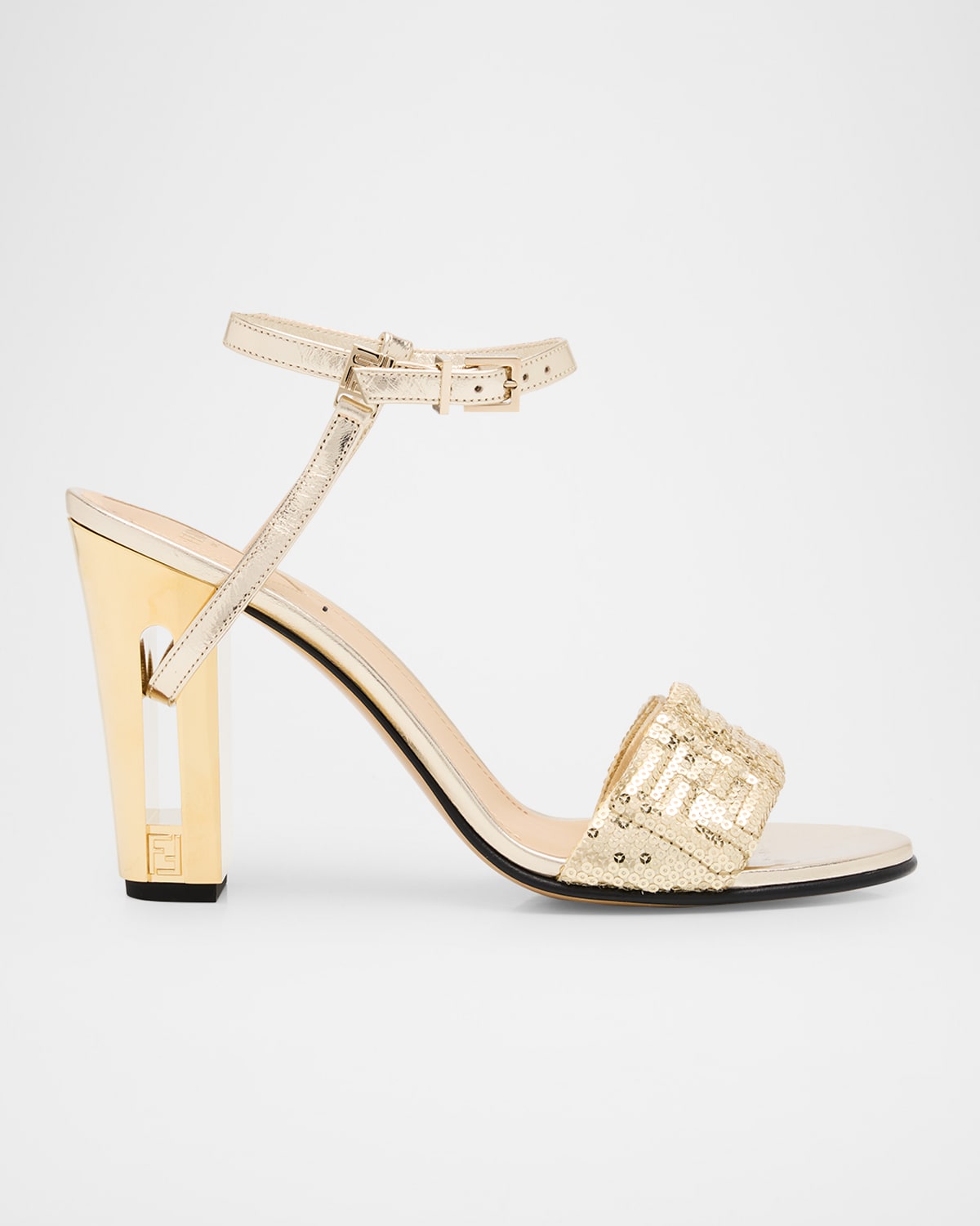 Fendi Metallic Sequin Block-heel Sandals In Pann Oro Chi Light Gold