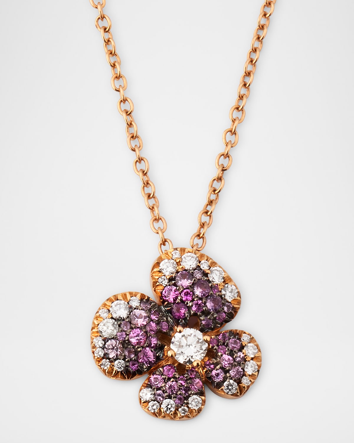 18K Rose Gold Flower Pendant Necklace with Diamonds and Pink Sapphires