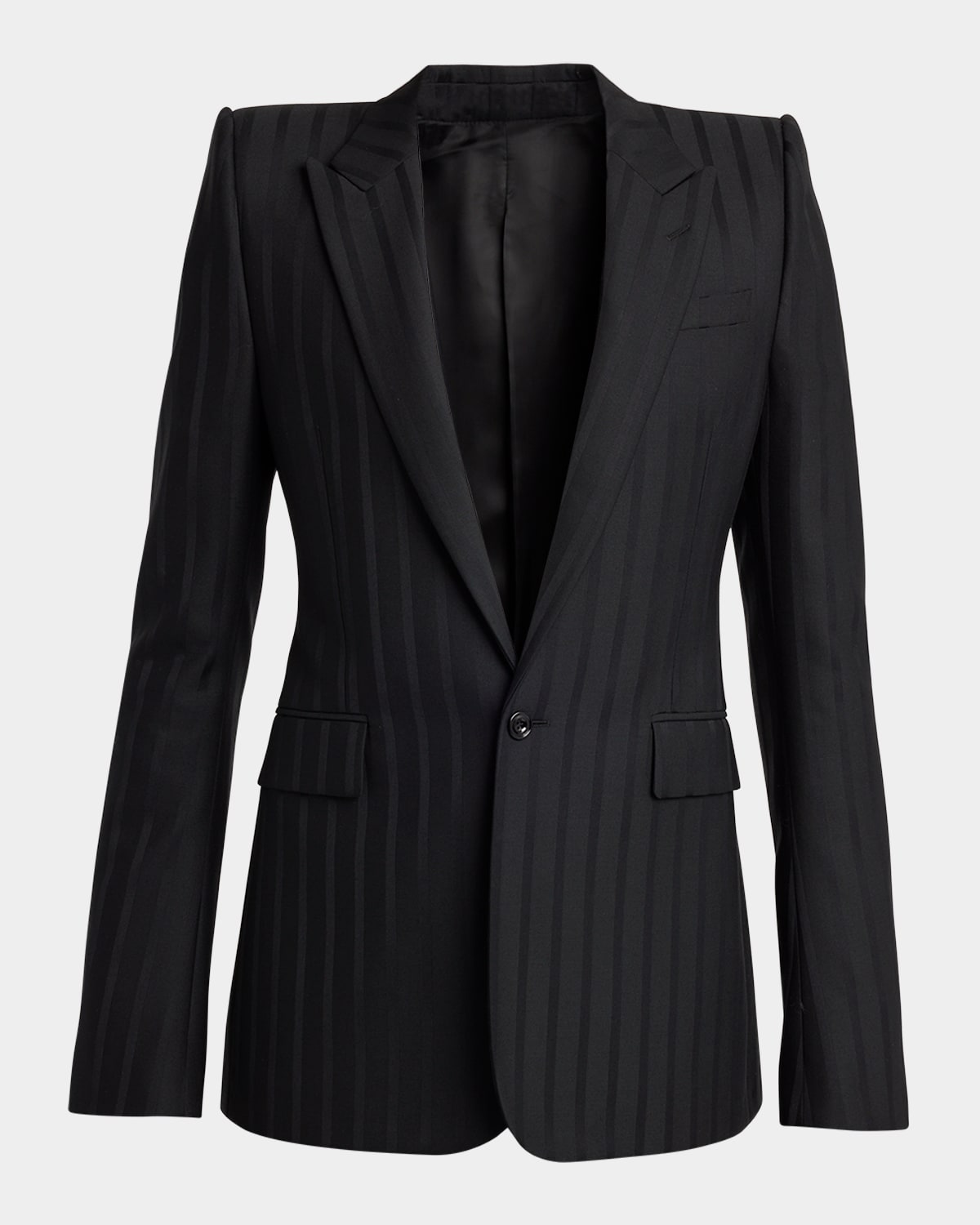 Alexander Mcqueen Mcqueen Stripe Stacked Shoulder Peak Lapel Blazer In Nero/nero