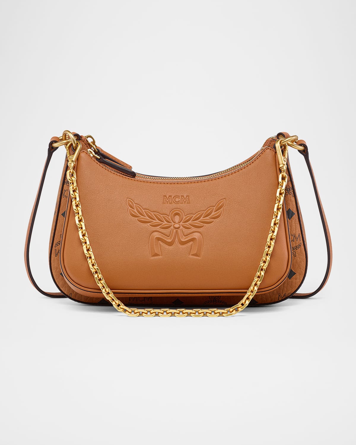 Mcm Aren Small Visetos Zip Shoulder Bag In Cognac