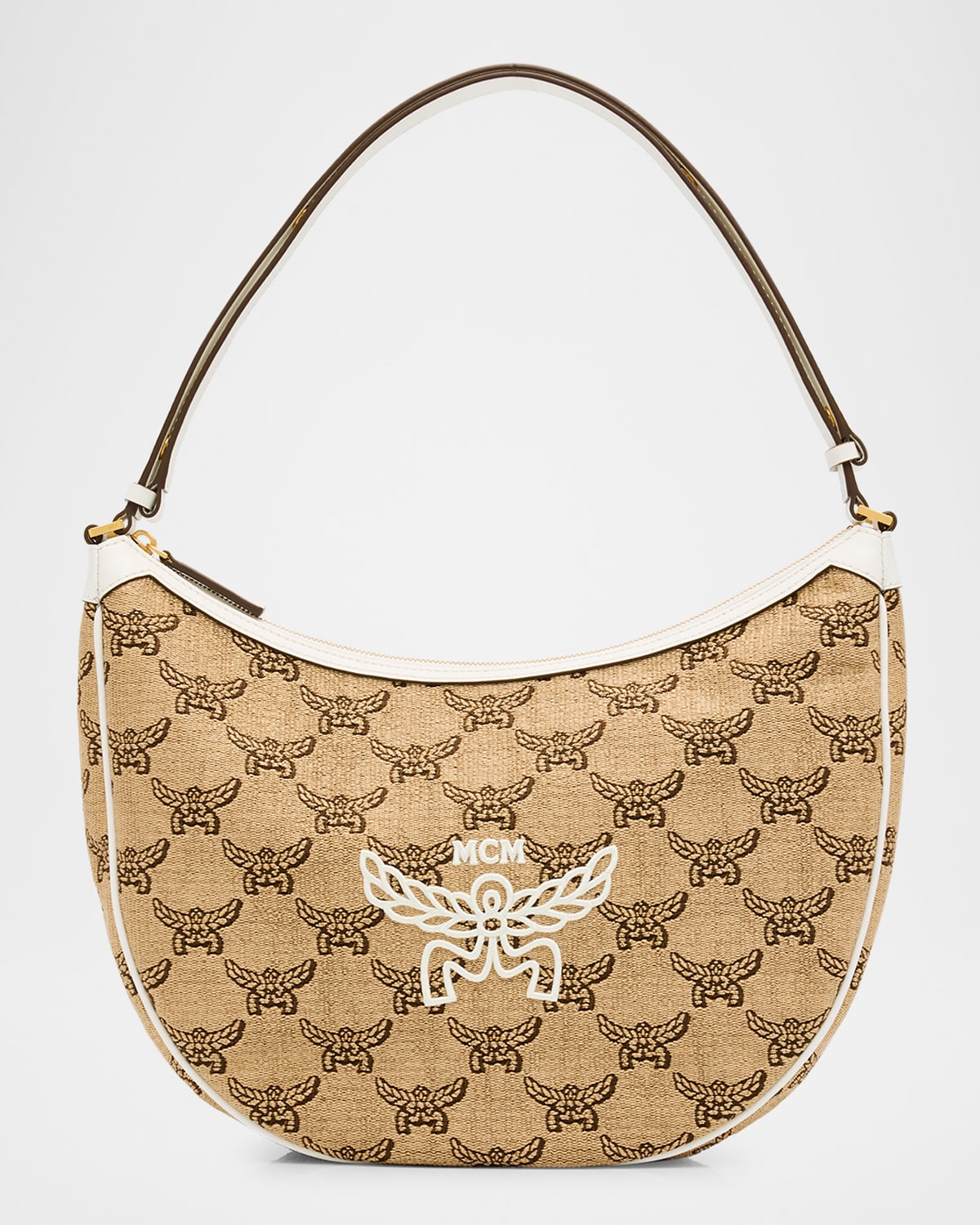 Mcm Women Embroidered Raffia Himmel Ascending Moon Shoulder Bag In Natural